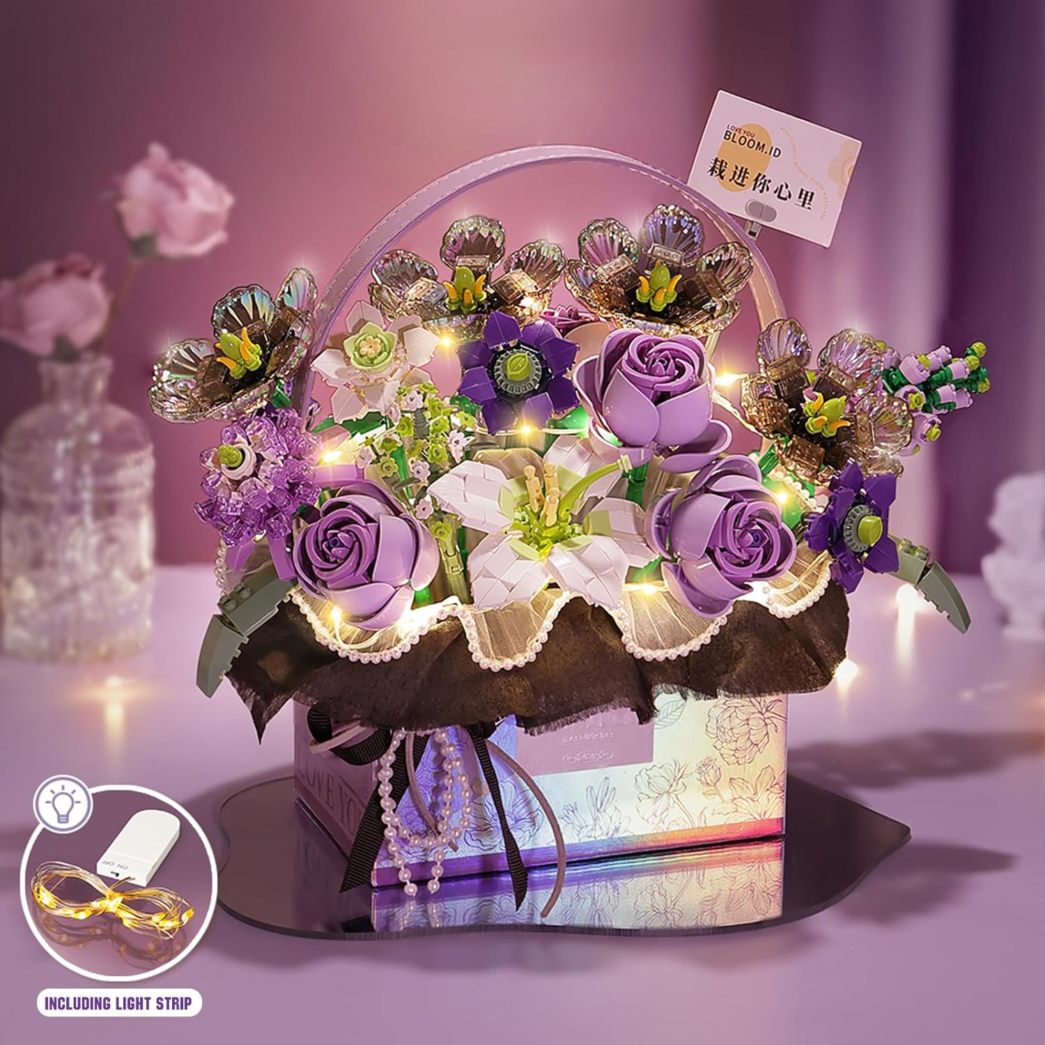 MEIEST Flower Bouquet Building Blocks Model Set,Simulation Artificial Rose Handheld Gift Box,Bonsai Plant Building Bricks Toys,Home Decor (Mist Purple)
