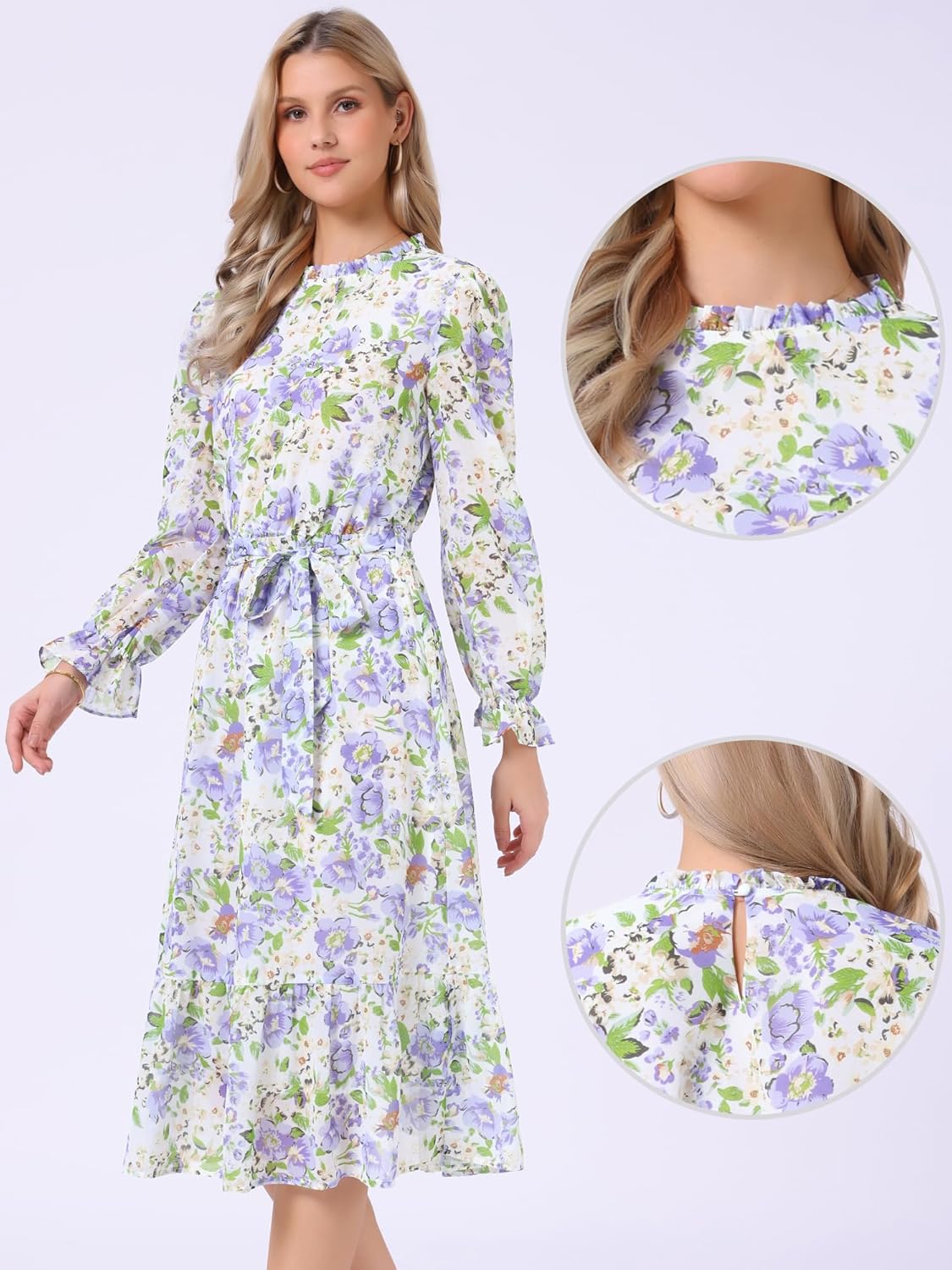 Allegra K Fall Casual Floral Dress for Women 2025 Long Sleeve Crew Neck Chiffon Midi Tea Party Ruffle Dresses - Image 3