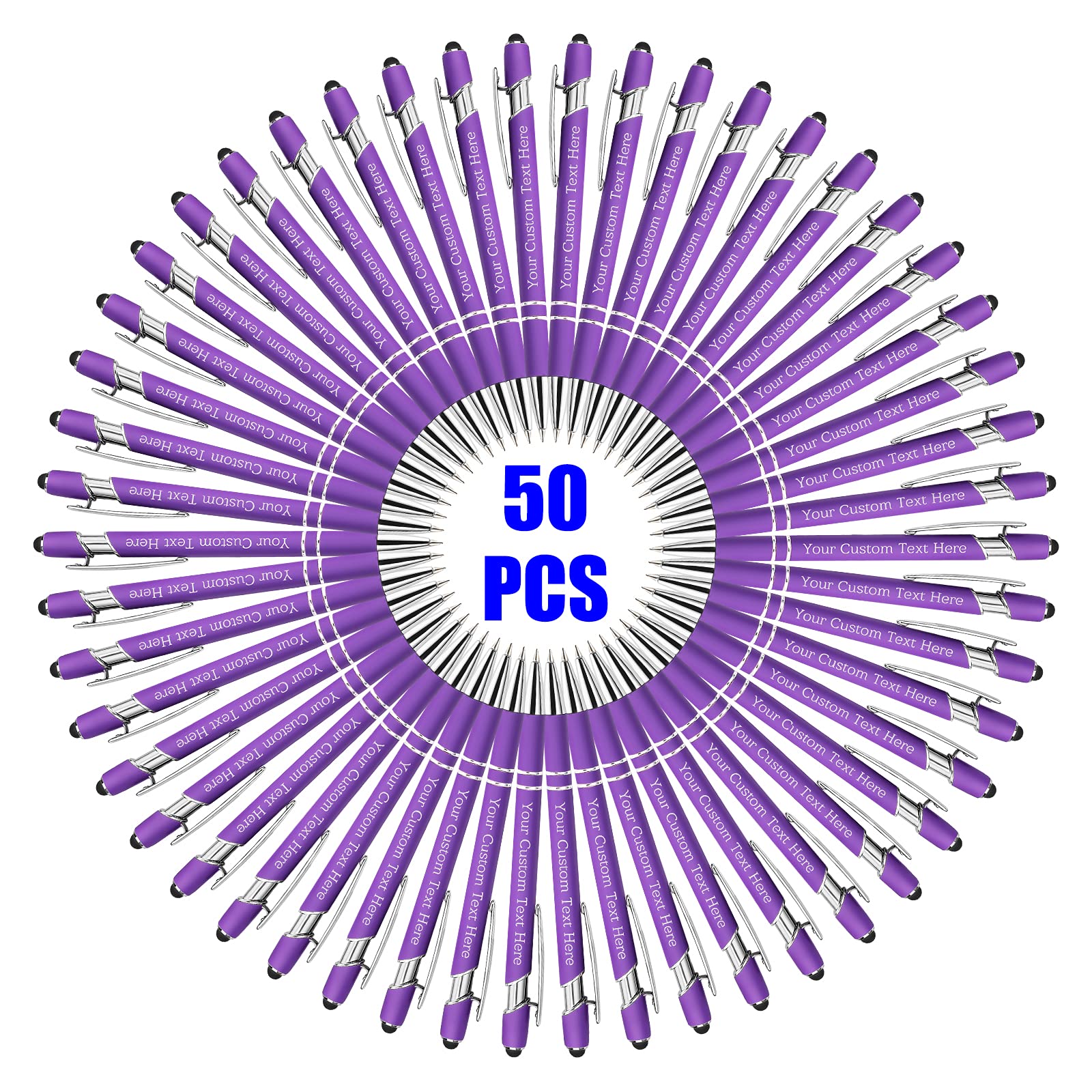 50 Pcs Personalised Custom Pens Bulk Free Engraving with Name Message Customised Ballpoint Pens with Stylus for Business Office Graduation Customised Gifts for Men Women Birthday Christmas (Purple)