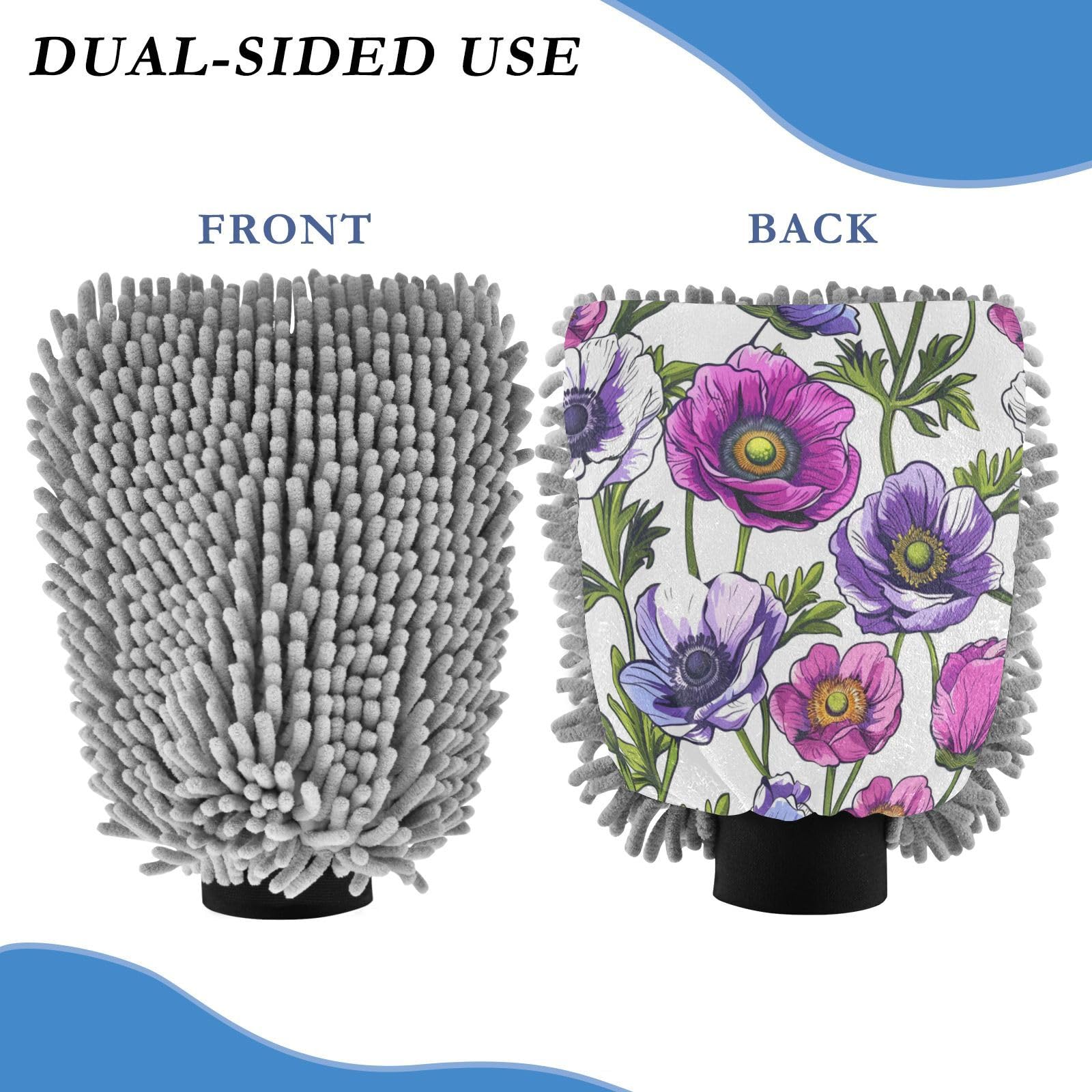 ALAZA Colorful Anemone Flower Car Wash Mitt Scratch Free, 2 Pack Absorbent Microfiber/Chenille Washing & Drying Mitts, L