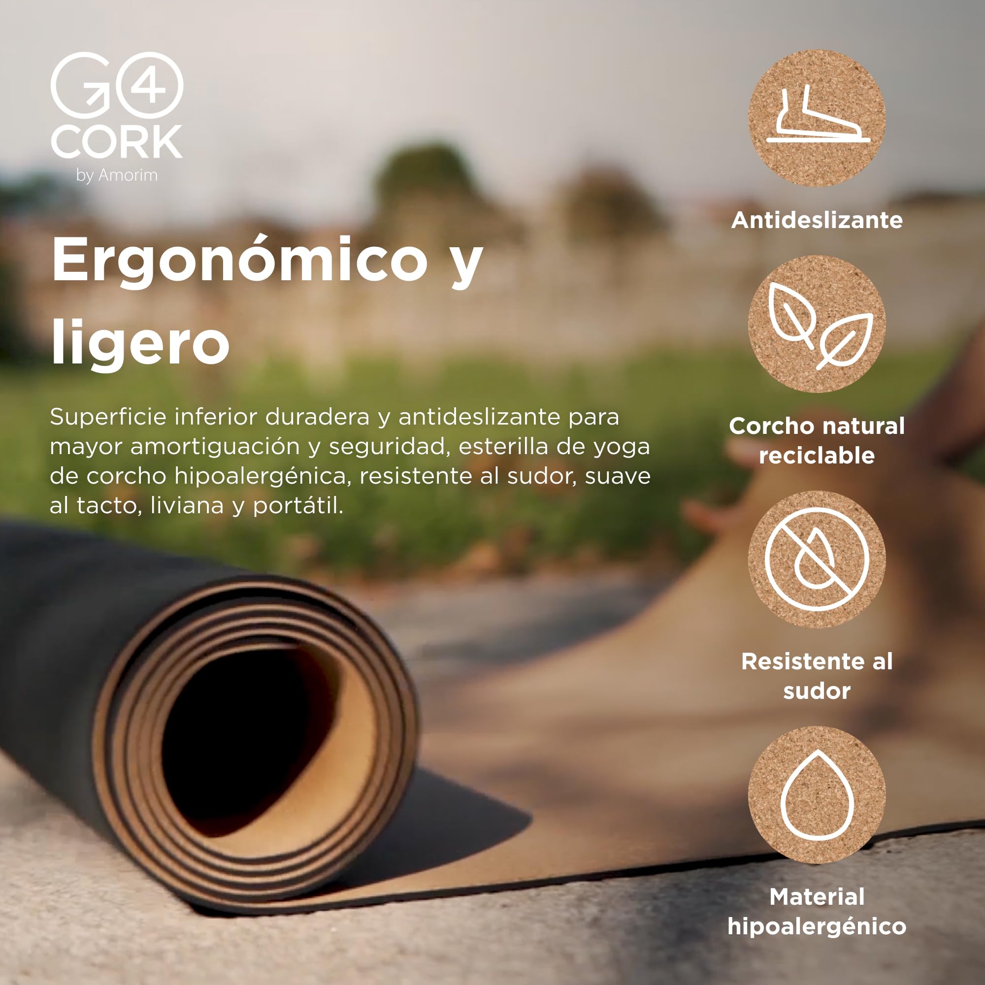 Esterilla de yoga de corcho esencial antideslizante Go4Cork 65×12 cm | Esterilla de yoga ecológica | Accesorios ligeros y compactos para gimnasio en casa, ejercicios de pilates | Negro/natural