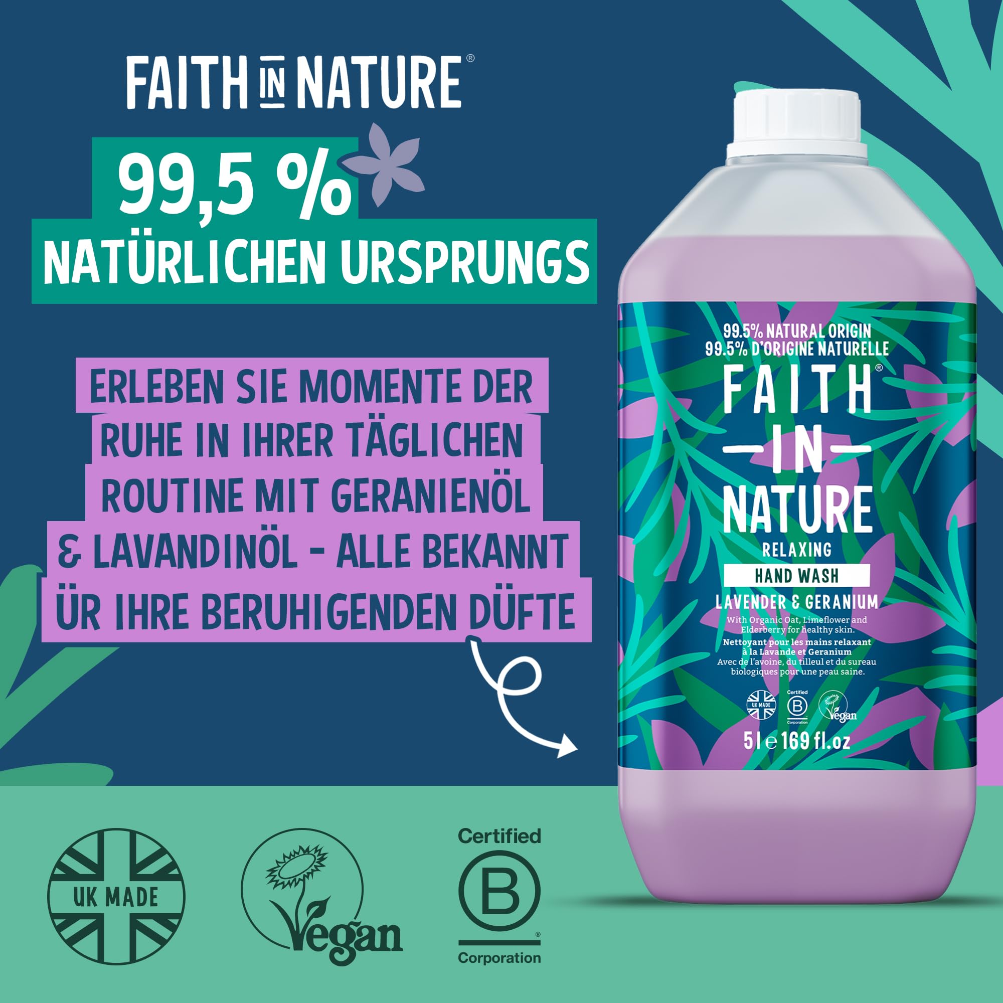 Faith In Nature Flüssige Handseife Lavendel und Geranie, Entspannend, Vegan und Tierversuchsfrei, Ohne SLS oder Parabene, 5 L Nachfüllpack