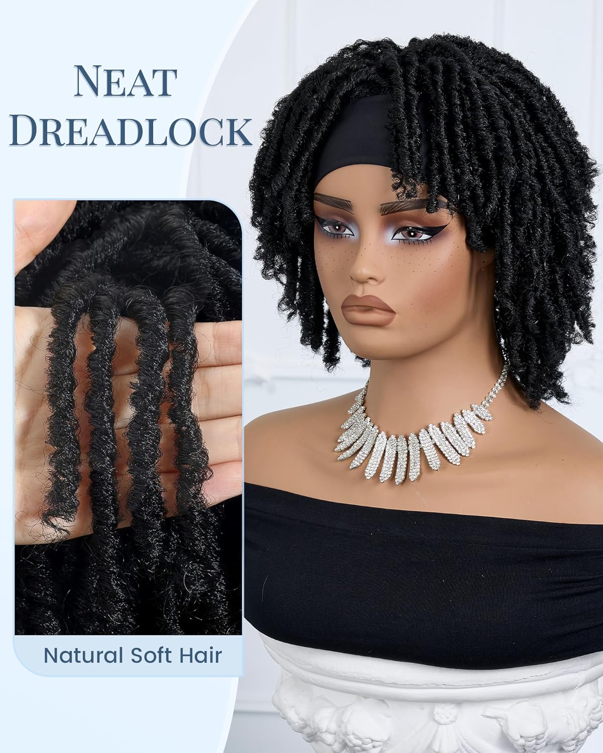 Afro Curly Braided Headband Wigs for Black Women Short Dreadlock Wig Glueless Synthetic Twist Faux Locs Wigs(Black, 12 Inch)