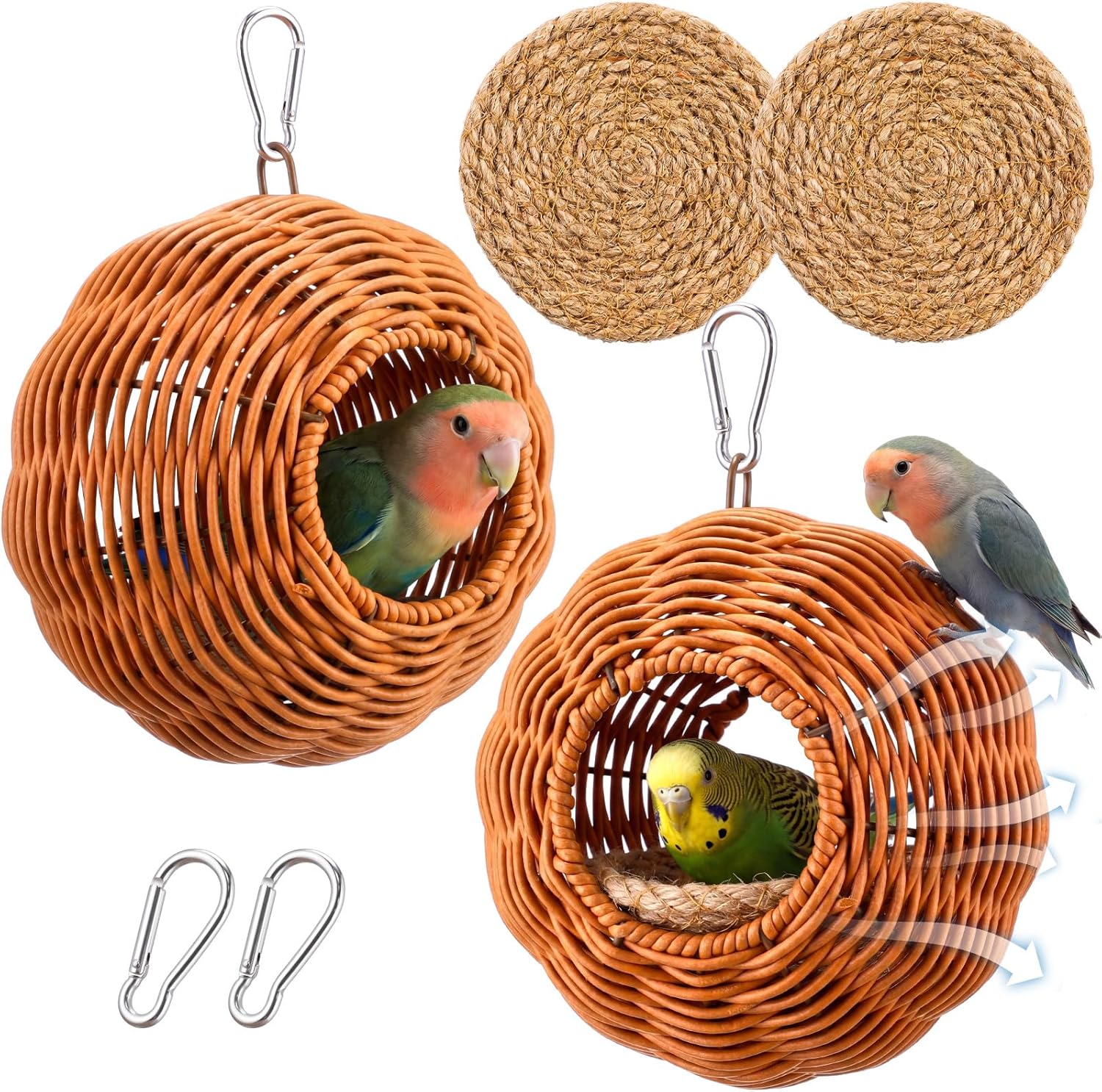 Novabright 2 Pcs Chewproof Steel Frame Wicker Bird Nest, Washable Small Birds Bed for Cage, Hanging Small Bird Nest with 2 Linen Pad for Resting Breeding Parakeet Lovebirds Finches Canaries Cockatiels