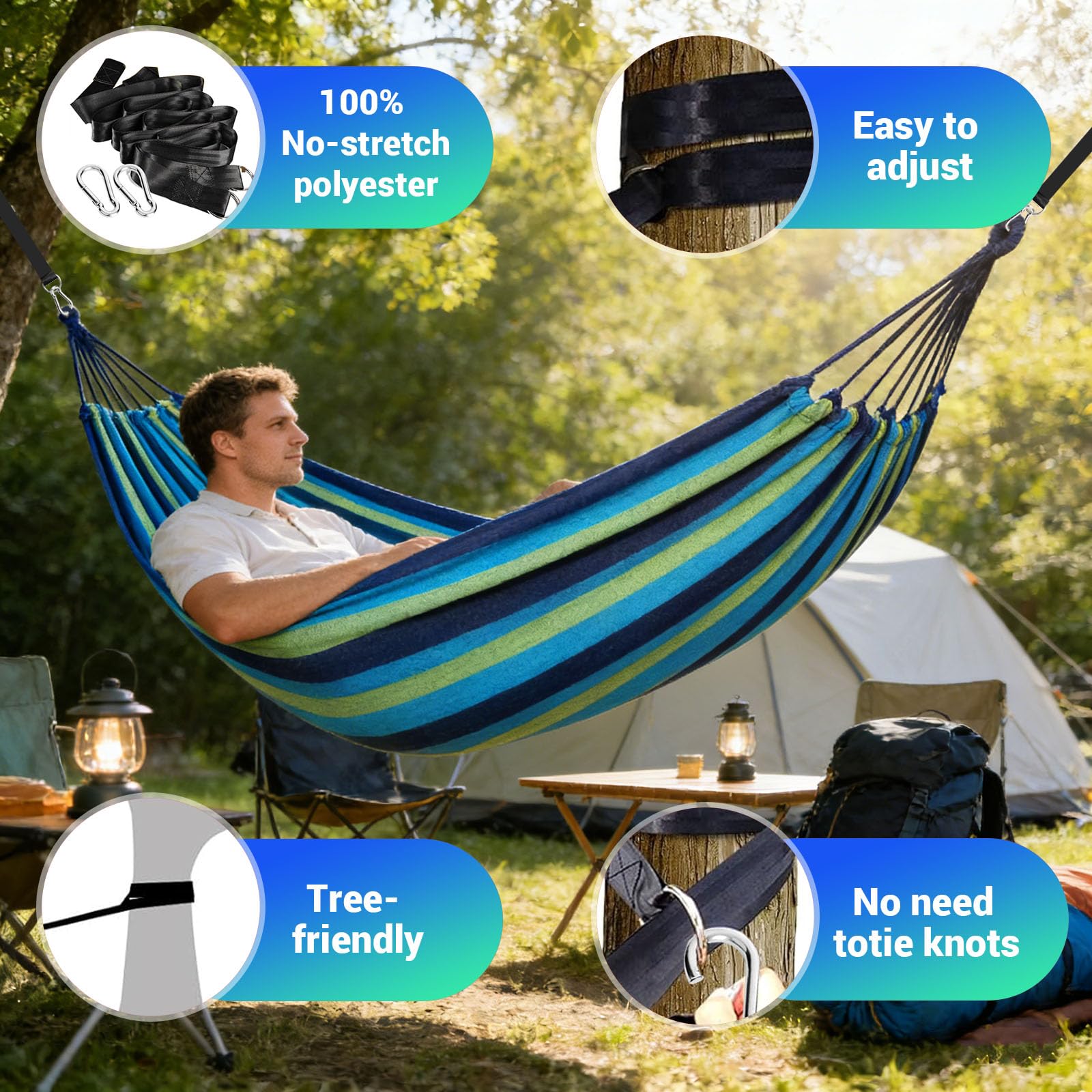 Amaca da Campeggio Doppia 200x150cm 250kg con Cinghie in Nylon e Moschettoni