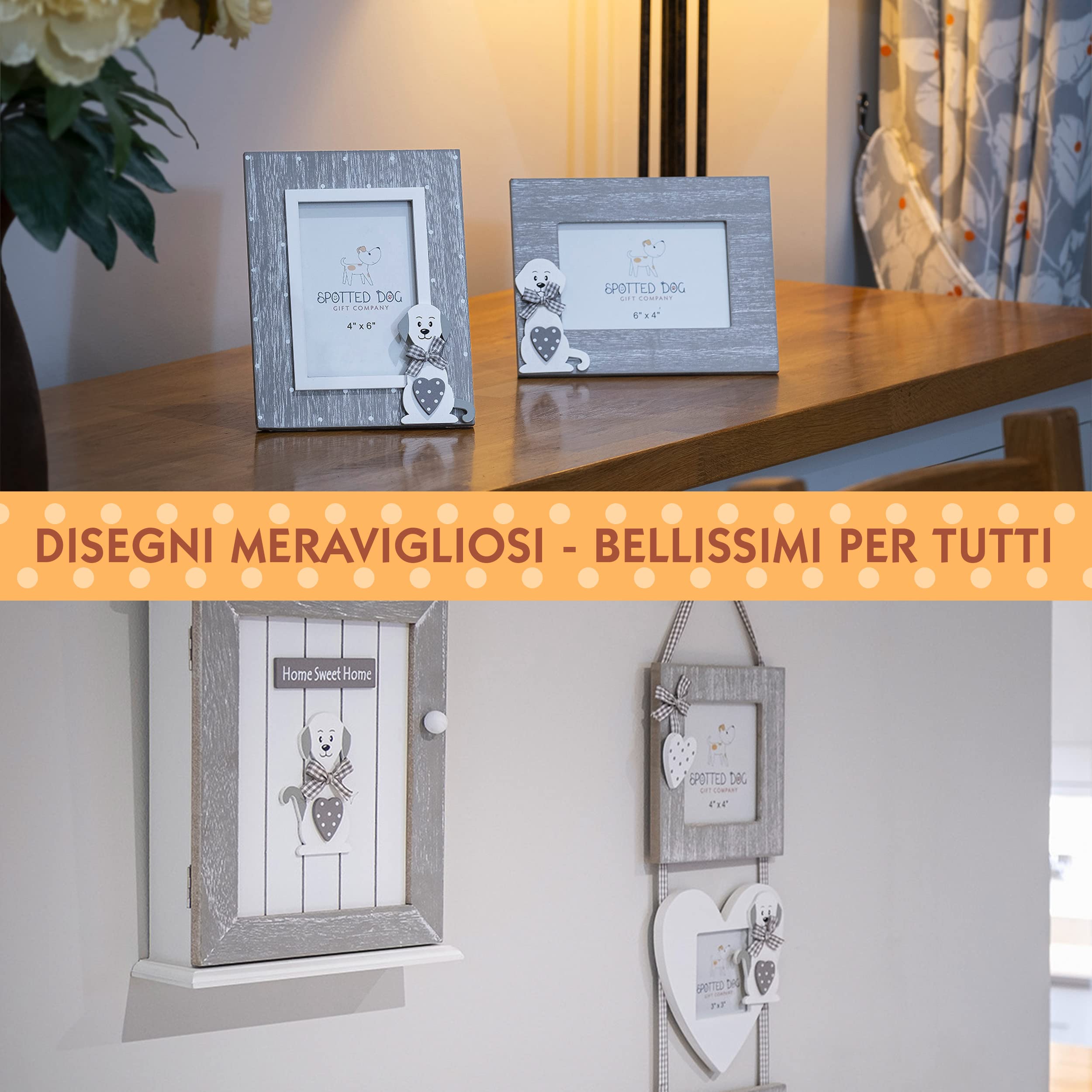 SPOTTED DOG GIFT COMPANY - Armadietto Portachiavi da Parete con Motivo Cane e Scritta Home Sweet Home - Decorazione per l'ingresso con 6 Ganci in Legno - Grigio/Bianco