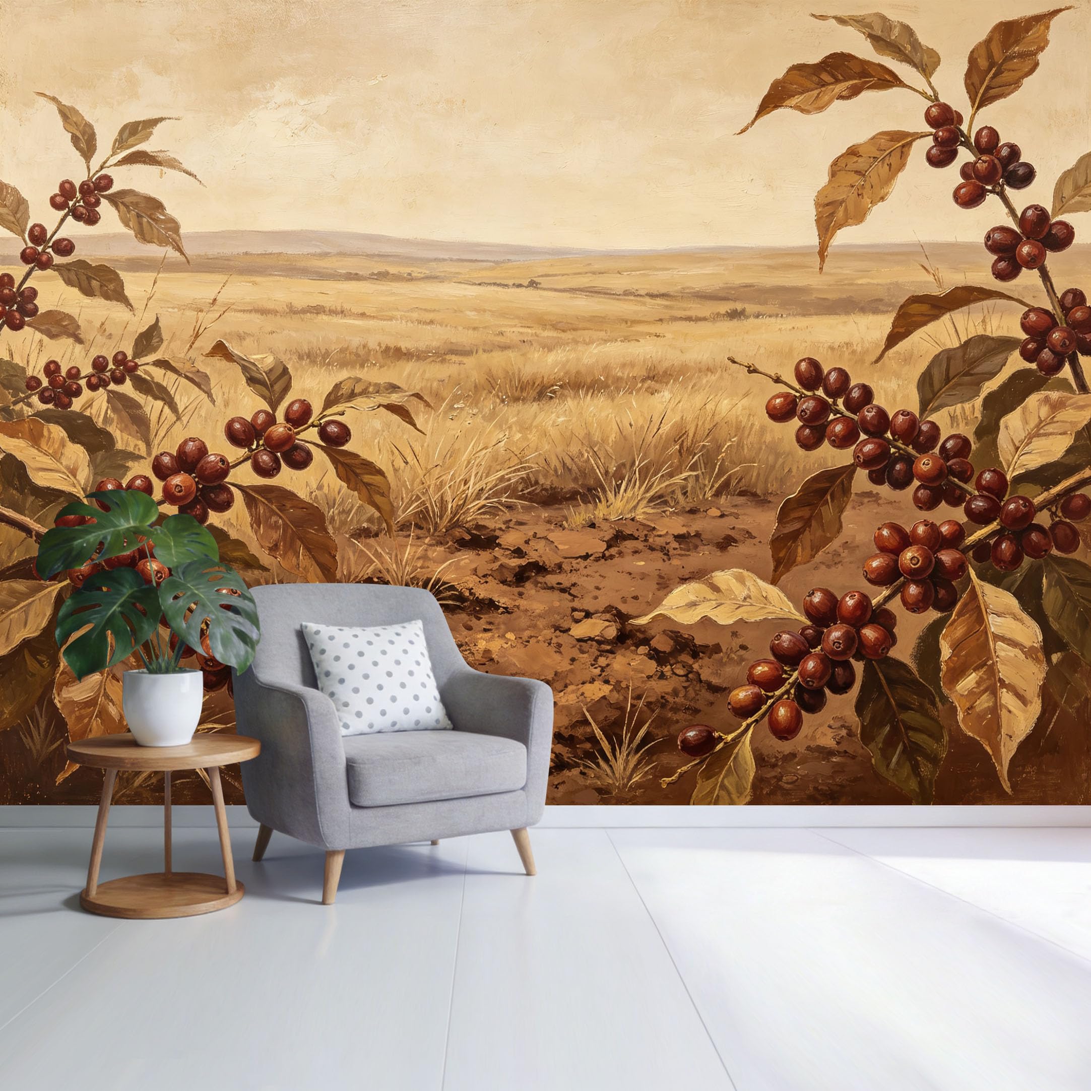 Custom Size Wall Mural Coffee Plantation Landscape Botanical Oil Painting Style Rustic Farmhouse Brown Tone SelfAdhesive Wall Fabric Removable Wallpaper for Home Office Decor