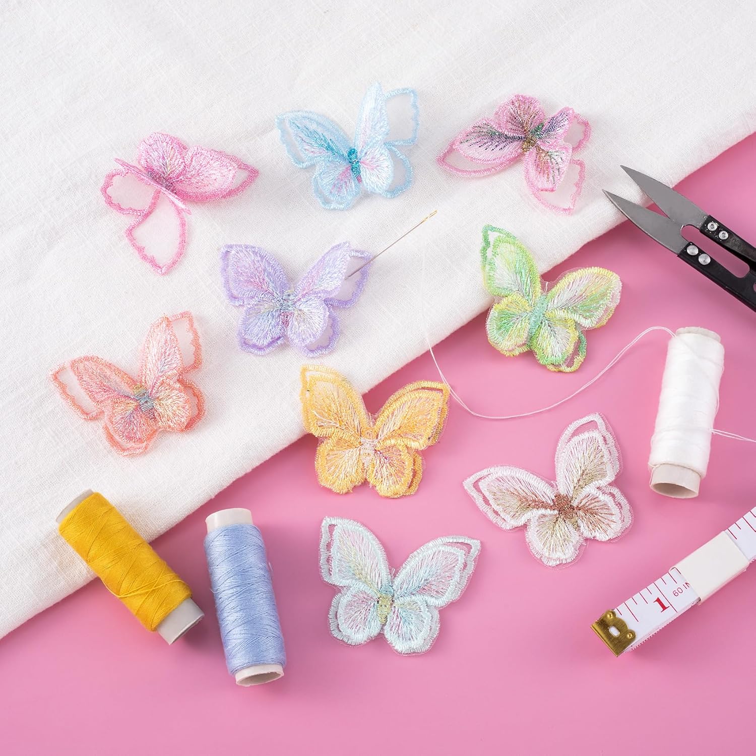 HINZIC 18pcs 9 Colors Butterfly Lace Patches Double Layer Organza Appliques Sew On Decorative Embroidery for Wedding Bride Dress Clothes Jeans Hat Backpacks Pants Curtain Ornaments