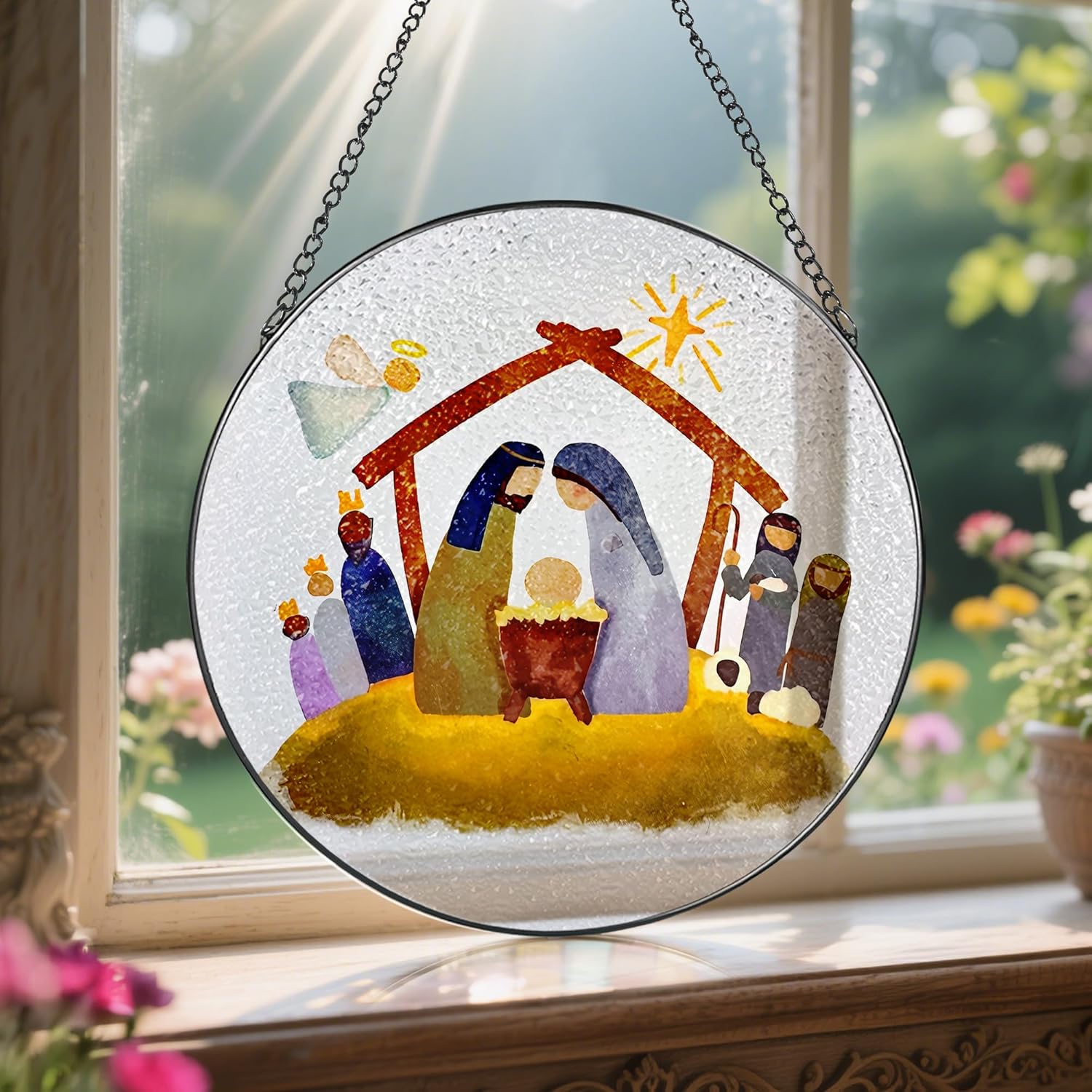 8'' Stained Glass Window Hanging, Nativity Scene Ornament, Christian Ornament, Holy Family Decoration, Religious Holiday Decor, Gift for Christmas, Religious Gifts, Christian Gifts - Image 5