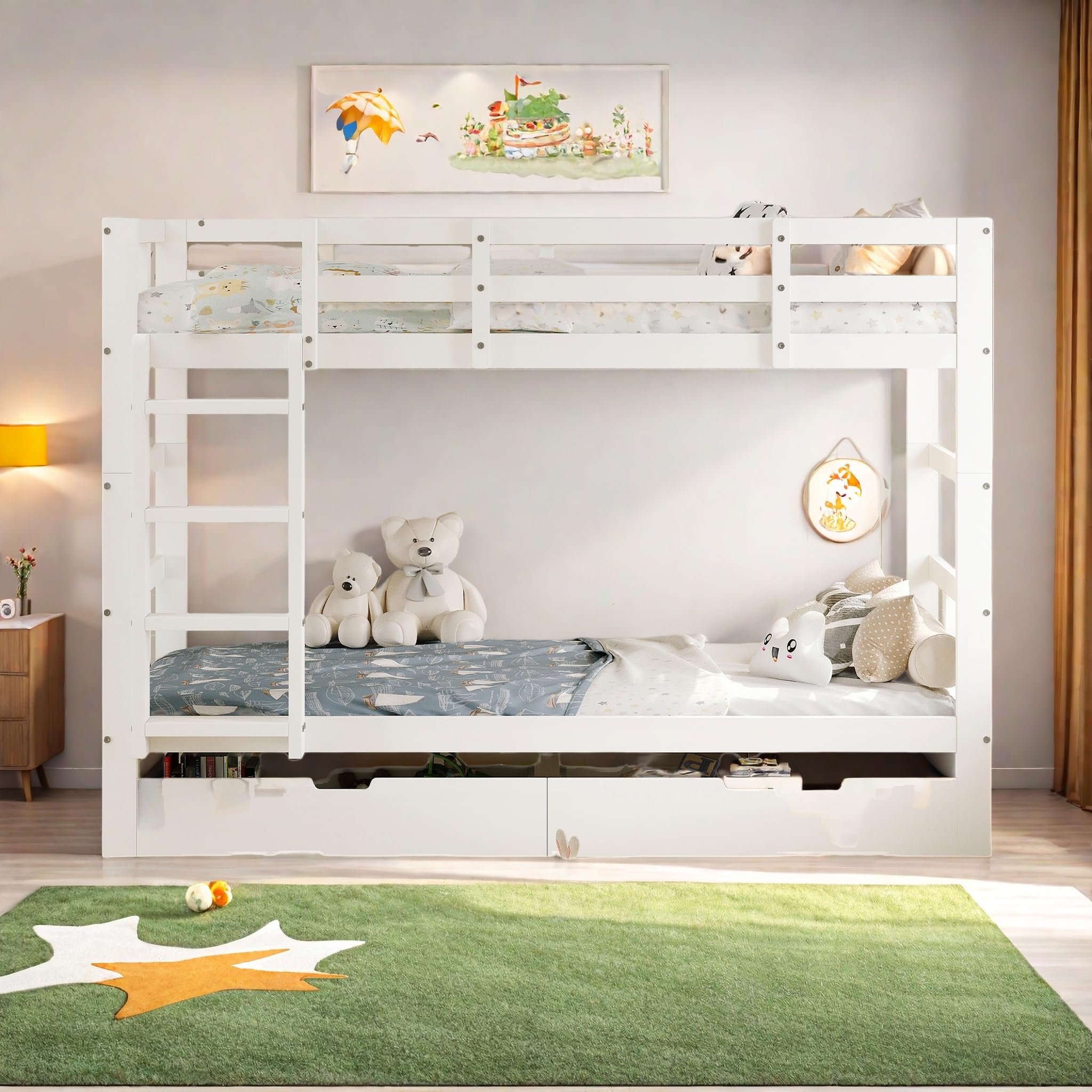 Hochbett 90x200, Etagenbett Doppelbett für 2 Kinder, Bett mit Rausfallschutz und Stauraum Lagerregal, Stockbett mit 2 Schubladen & Lattenrost,Weiß, Ohne Matratze