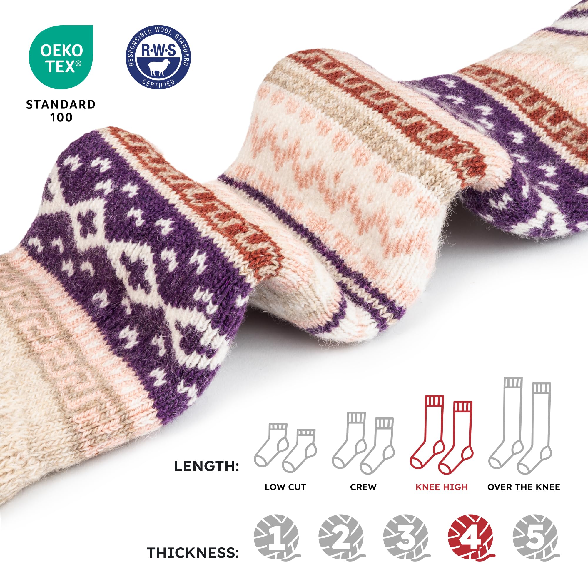 NORDIC Socks 2 Pary, Podkolanówki z Wełny Merynosów dla Mężczyzn & Kobiet, Zimowe Skarpety, Ciepłe Skarpety, Wygodne Skarpety
