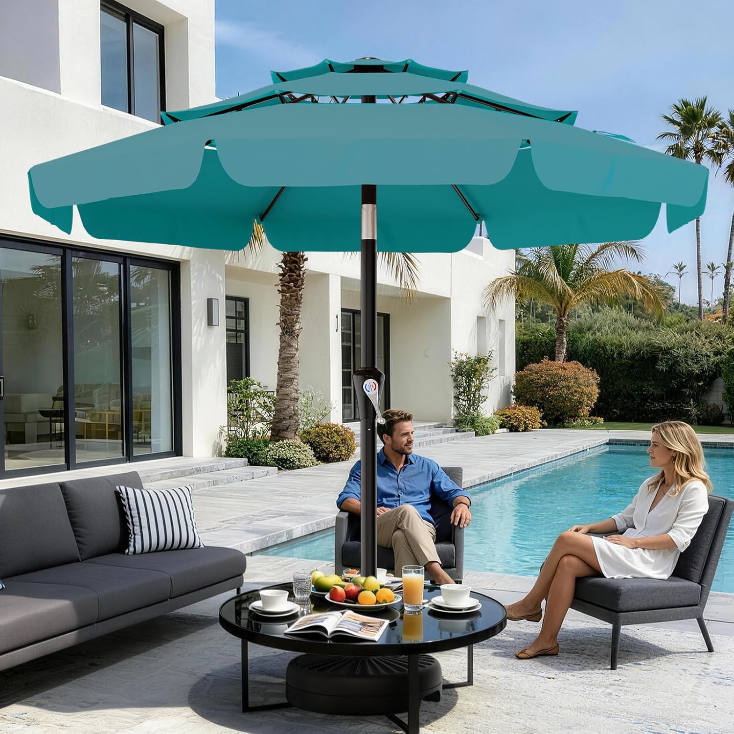 AreShark 9FT 3-Tiers Patio Umbrella with Valance, Outdoor Umbrellas with Crank/Tilt, Table Market Umbrella Vented w/ 8 Sturdy Ribs for Garden, Deck, Backyard, and Pool, Lake Blue