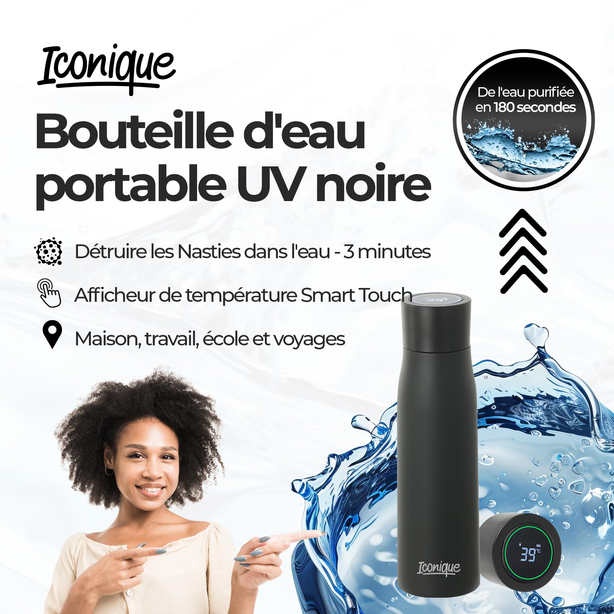 Iconique Gourde en acier inoxydable avec filtre UV | 500ml | Noir | Purificateur D'eau Autonettoyant, Couvercle Avec Affichage LED De La Température, Fonction De Rappel D'hydratation