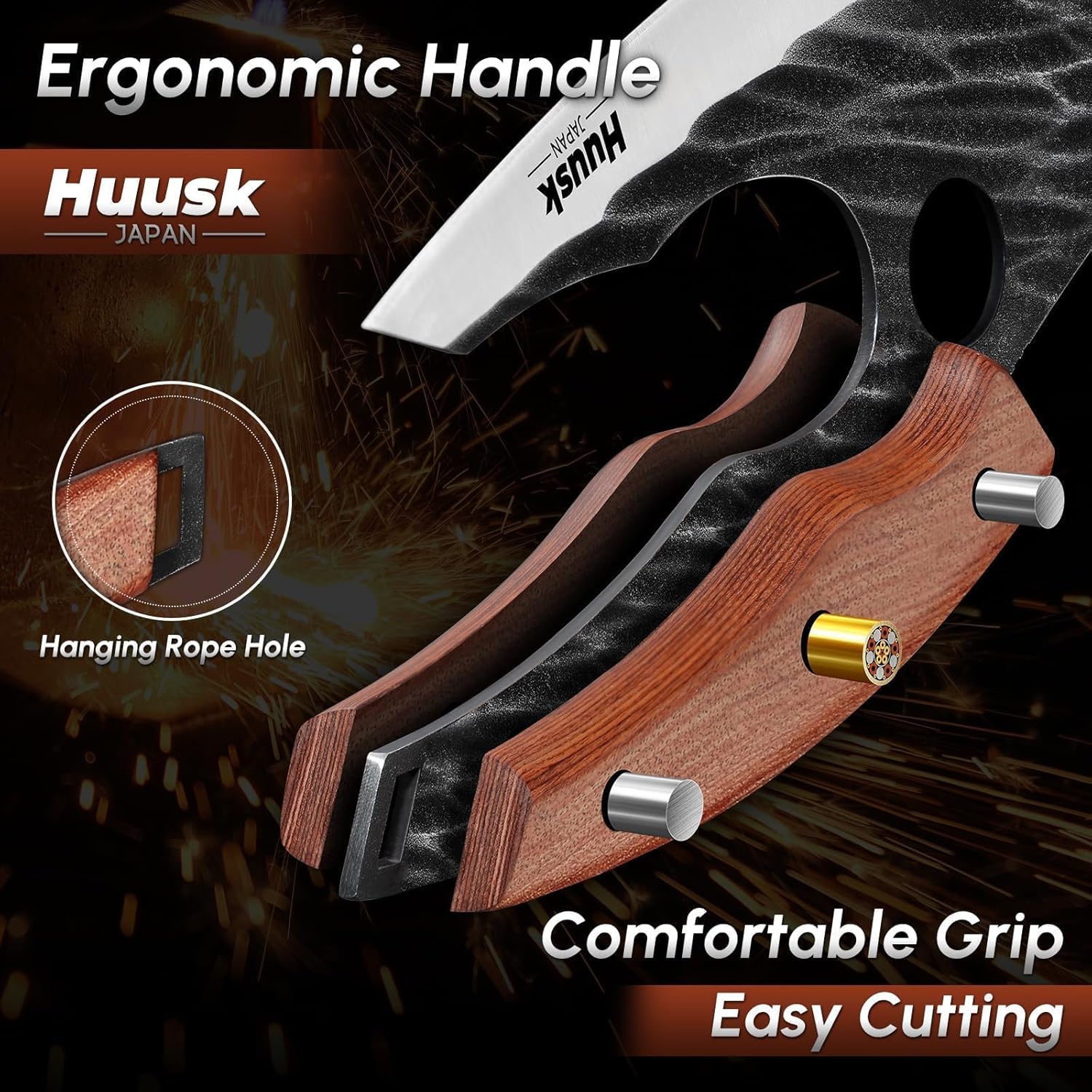 Huusk Japan Ulu Knife with Sheath - Christmas Gift for Men and Women - Hand Forged Caveman Ultimo Knife with Full Tang Wooden Handle - BBQ Knives for Vegetables, Fruit, Pizza - Image 4