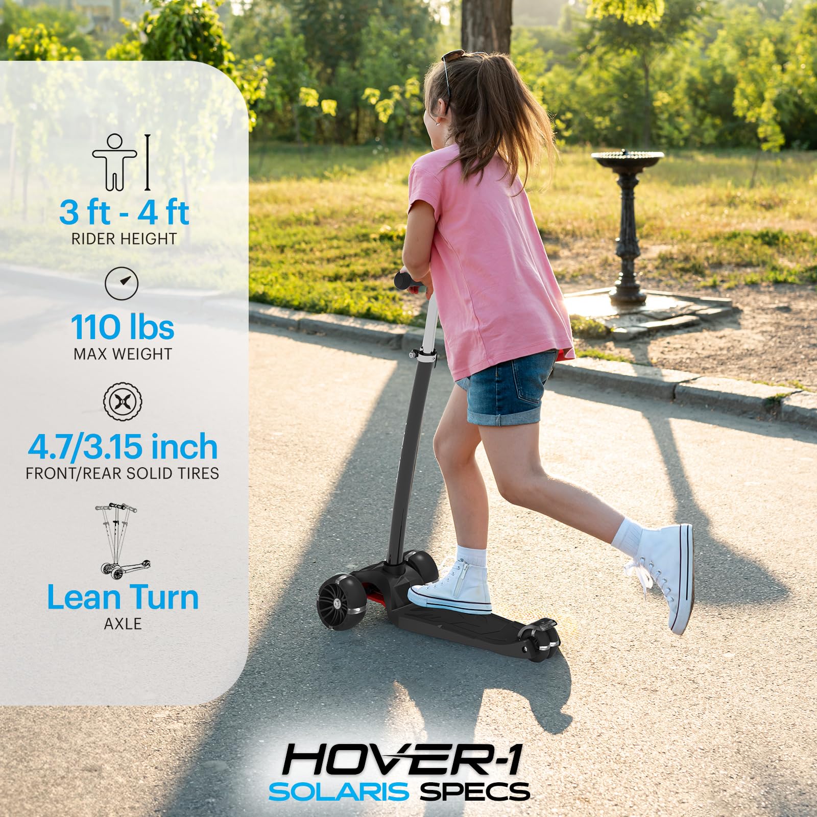 Hover-1 Solaris Kick Scooter with Multicolor Wheel Lights, 4.5” Front Wheels, Rear Foot Brake, and 110 Pound Weight Capacity