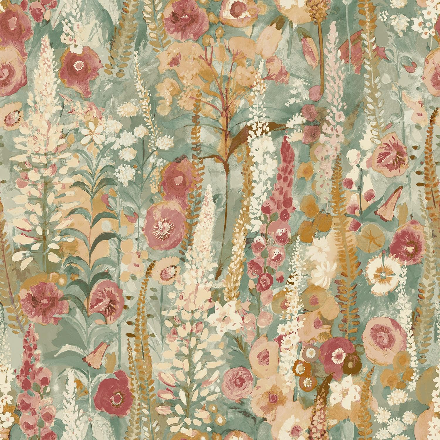 Yöl Sage Green Delphinium Wallpaper - Painted Floral Design Flowers Botanical Traditional - Textured Paste The Wall Vinyl