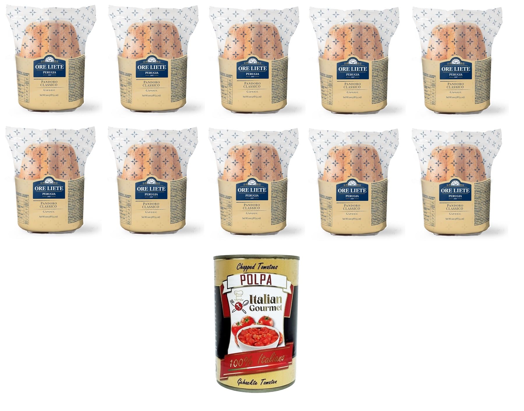 Ore Liete Perugia 1907 Pandorino classico Celofan klassisches Pandorino-Celofan 10x80gr + Italian Gourmet polpa 400g