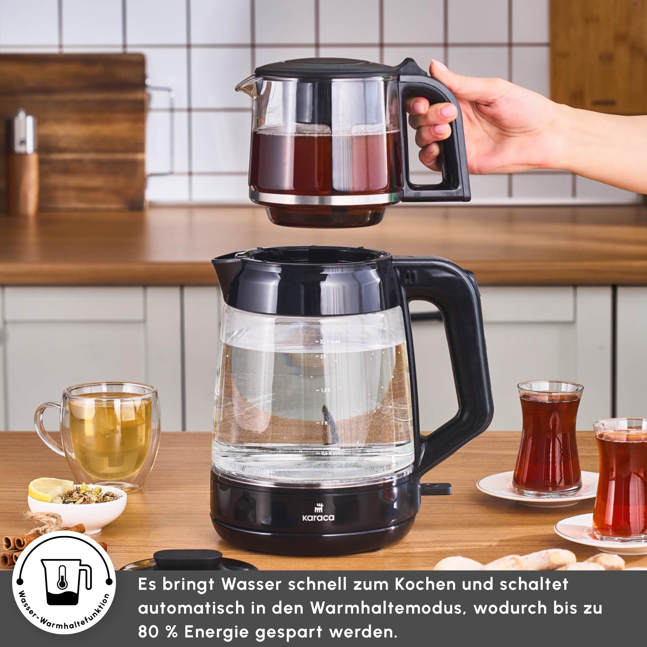 Karaca Glass Tea XL 2 in 1 Glas-Teemaschine & Wasserkocher Shiny Black, 0,9L Teekapazität & 2,2L Wasserkapazität, energieeffizient, automatische Warmhaltefunktion, 360° drehbare Basis, LED-Anzeige