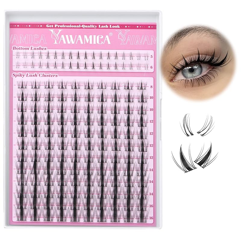 Cílios postiços em tufos Yawamica Fairy para maquiagem estilo mangá, curvatura C, fios pontudos, 8 a 16 mm, cílios inferiores de 5 a 6 mm, 160 unidades