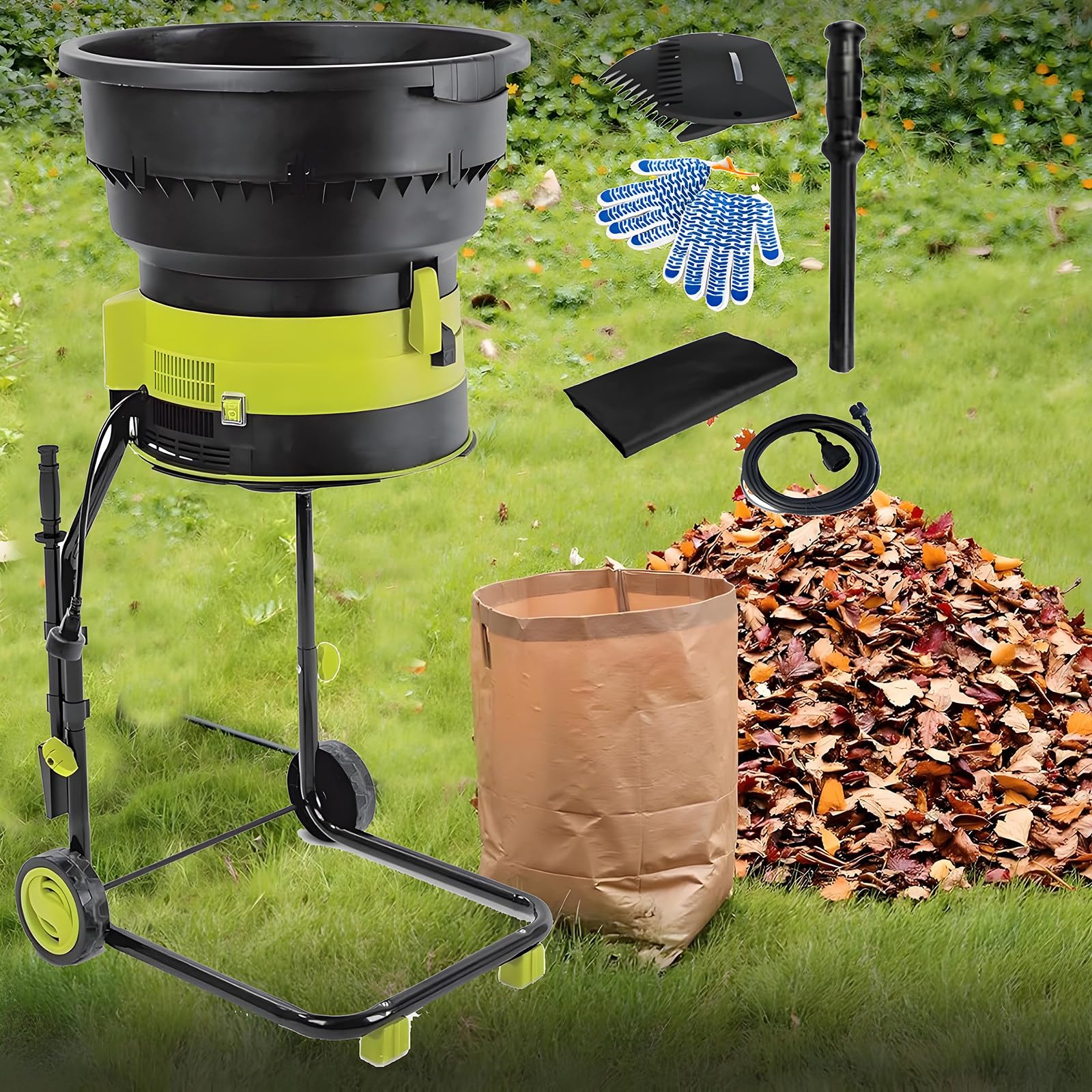 Trituradora de jardín eléctrica con Ruedas y Bolsa de Almacenamiento: Potente trituradora de Hojas, Capacidad de Corte de 25 mm, protección contra sobrecargas para césped y jardín Nopowercord