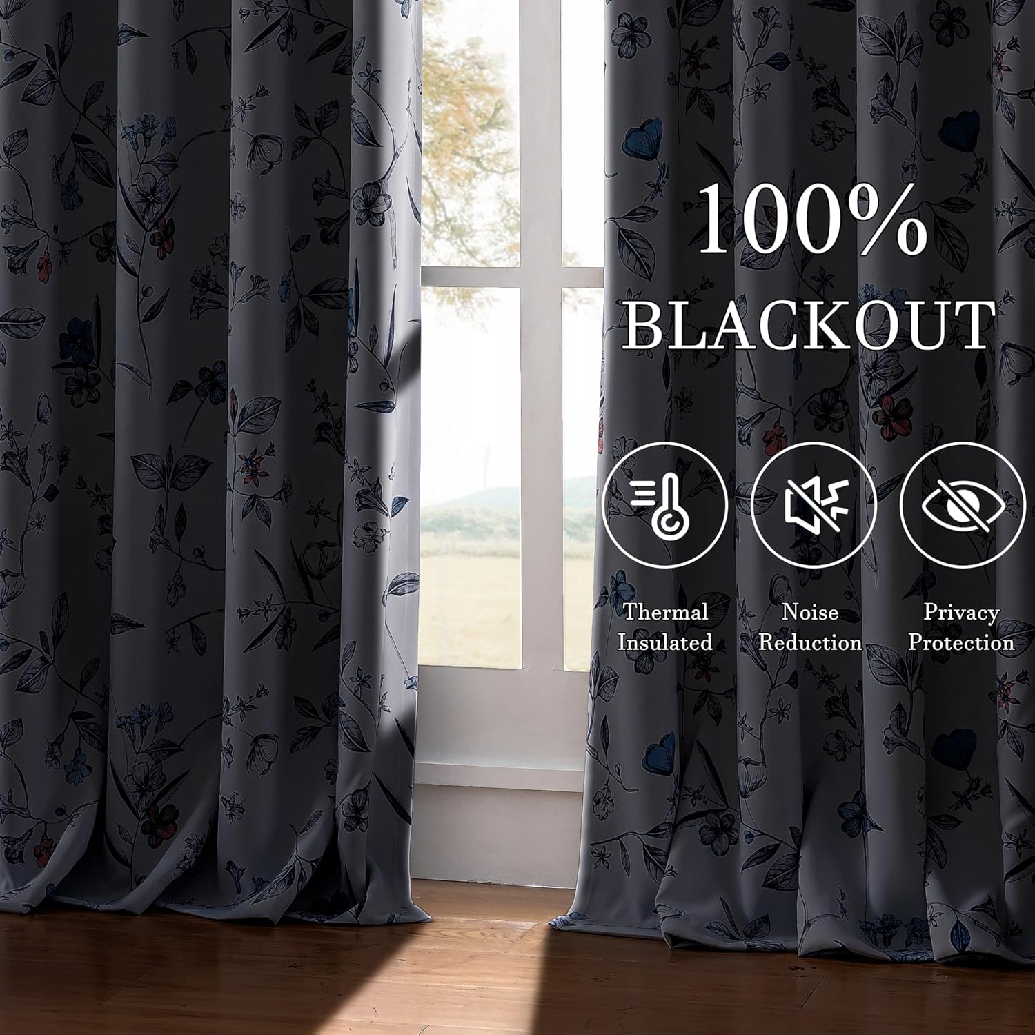ChrisDowa 100% Blackout Floral Curtains 108 Inches Long 2 Panels for Bedroom Living Room Navy Blue Flower Patterned Room Darkening Thermal Insulated Soundproof Grommet Window Treatments Drapes,52X108