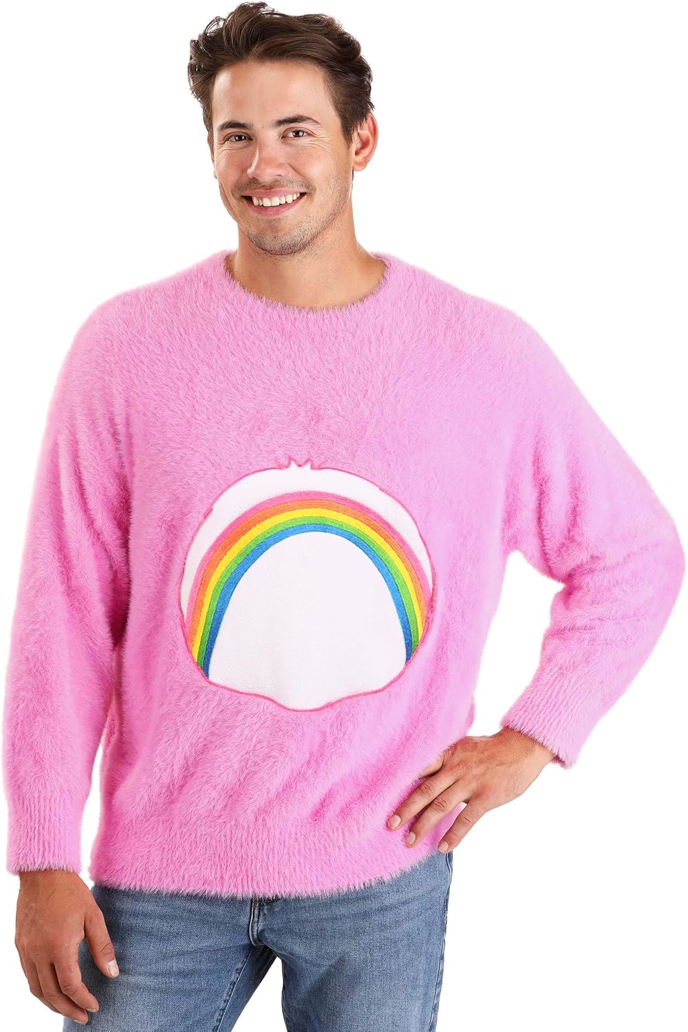 Care Bears Cheer Bear Sweater for Adults - Pink Fuzzy Pullover with Rainbow Belly Badge - Officially Licensed