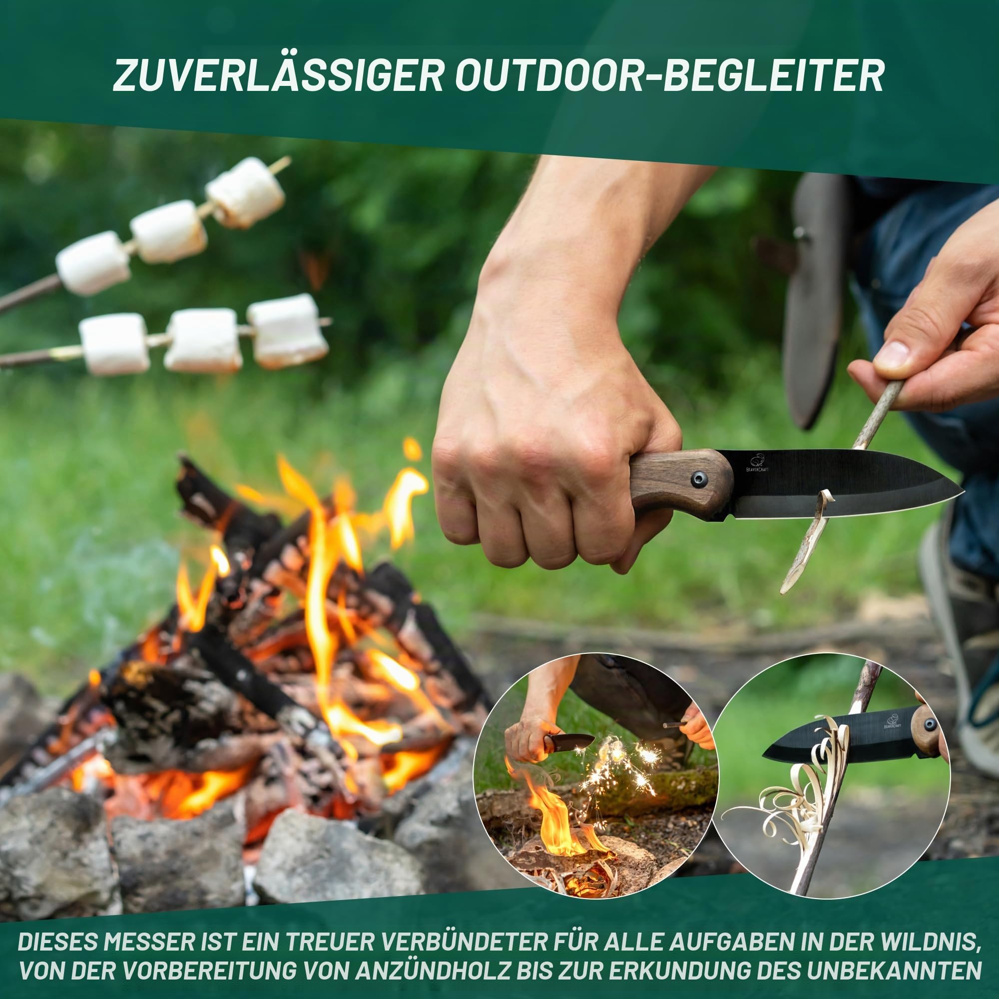 BeaverCraft Bushcraft Messer BSH5 Shadow – Full-Tang Outdoor Messer mit Scheide, Kohlenstoffstahl, Kleines EDC Feststehendes Messer, Camping Geschenk für Männer