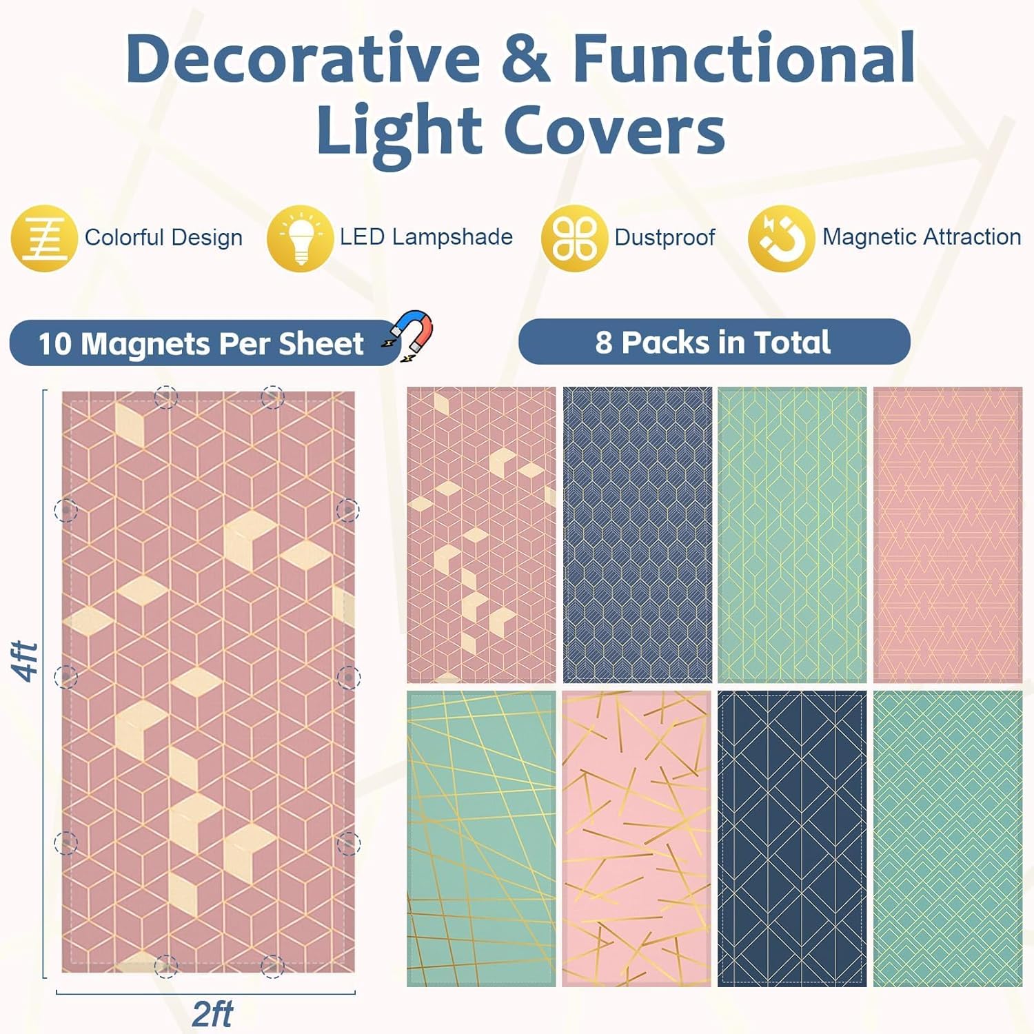 QOUBAI 8PCS Fluorescent Light Covers, 4x2 Feet Magnetic Light Cover Fluorescent Lights Shade Panel Positive Inspirational Ceiling Lights Filters for Office Classroom Home Drop Ceiling Geometric