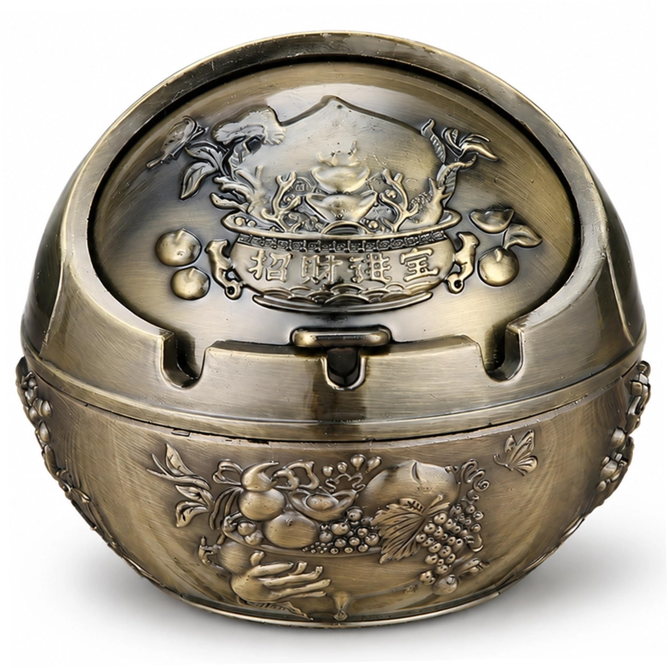 Xdyyjrasa Odorproof Ashtray - Small Funny Ashtray with Lid, Bronze Alloy Spherical Decor with Embossing for Living Room Office Outdoor, Wealth