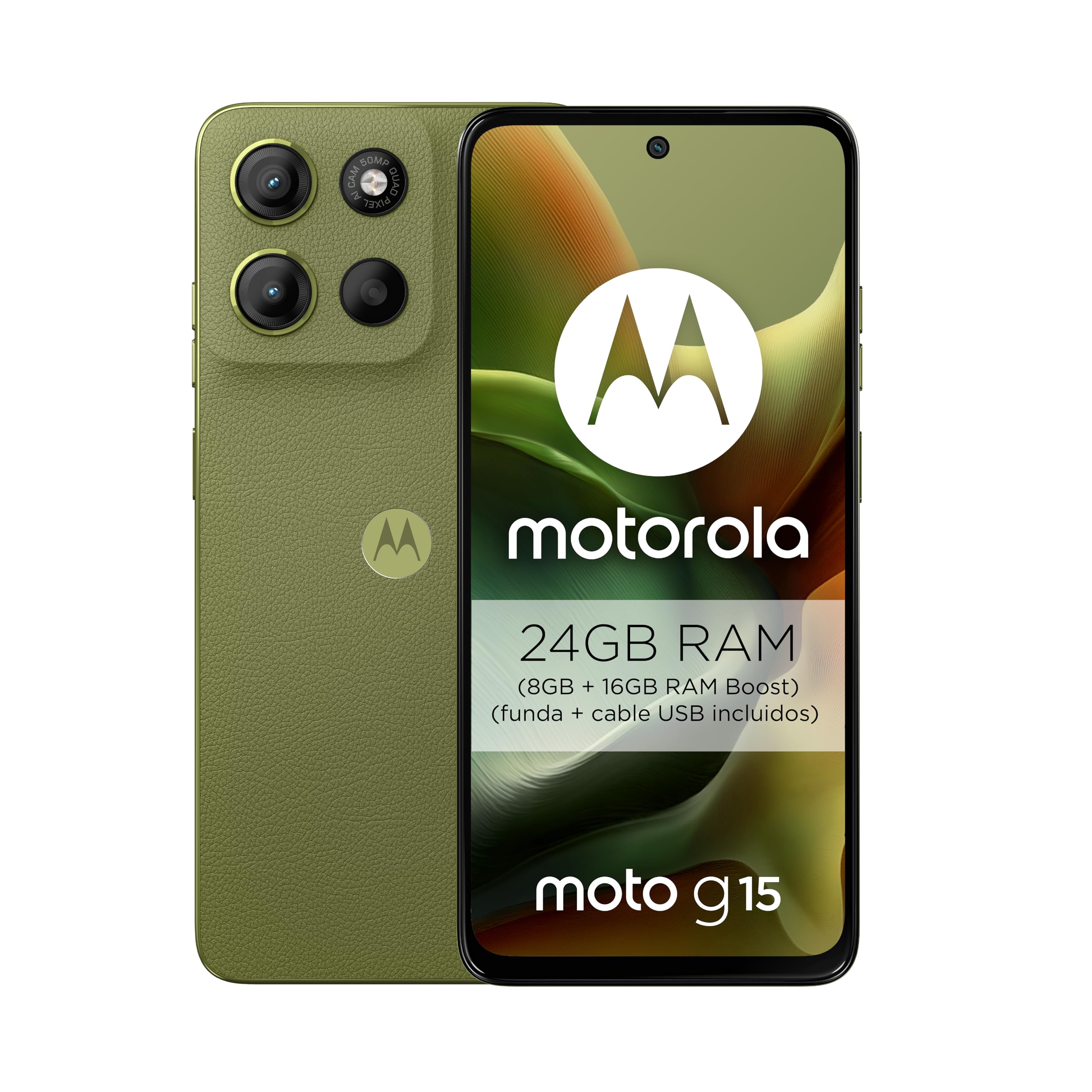 Motorola Moto g15 24GB (8GB+16GB RAM Boost)/128GBB Verde, España, Pantalla de 6.72'' FHD+, Sistema de cámaras de 50 MP y Objetivo Ultra Gran Angular, Batería 5100 mAh, Carga TurboPower, Soft Luxe | Pantalla 6.72'' FHD+, Cámara 50 MP Ultra Gran Angular, Ba