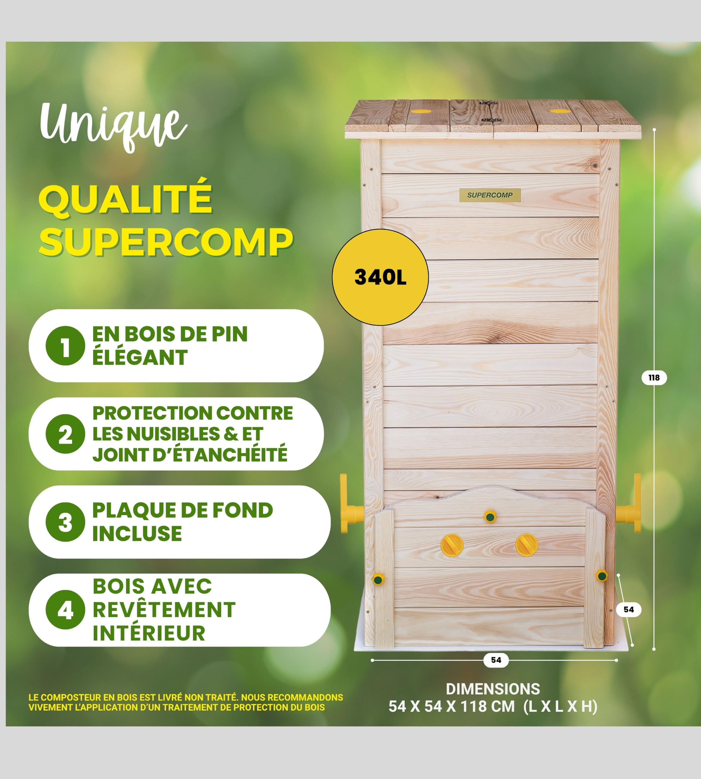Bac à Compost en Bois 340 L – sans Odeurs, sans Brassage, Aération Verticale, Protection Anti-Nuisibles, avec Plaque de Fond