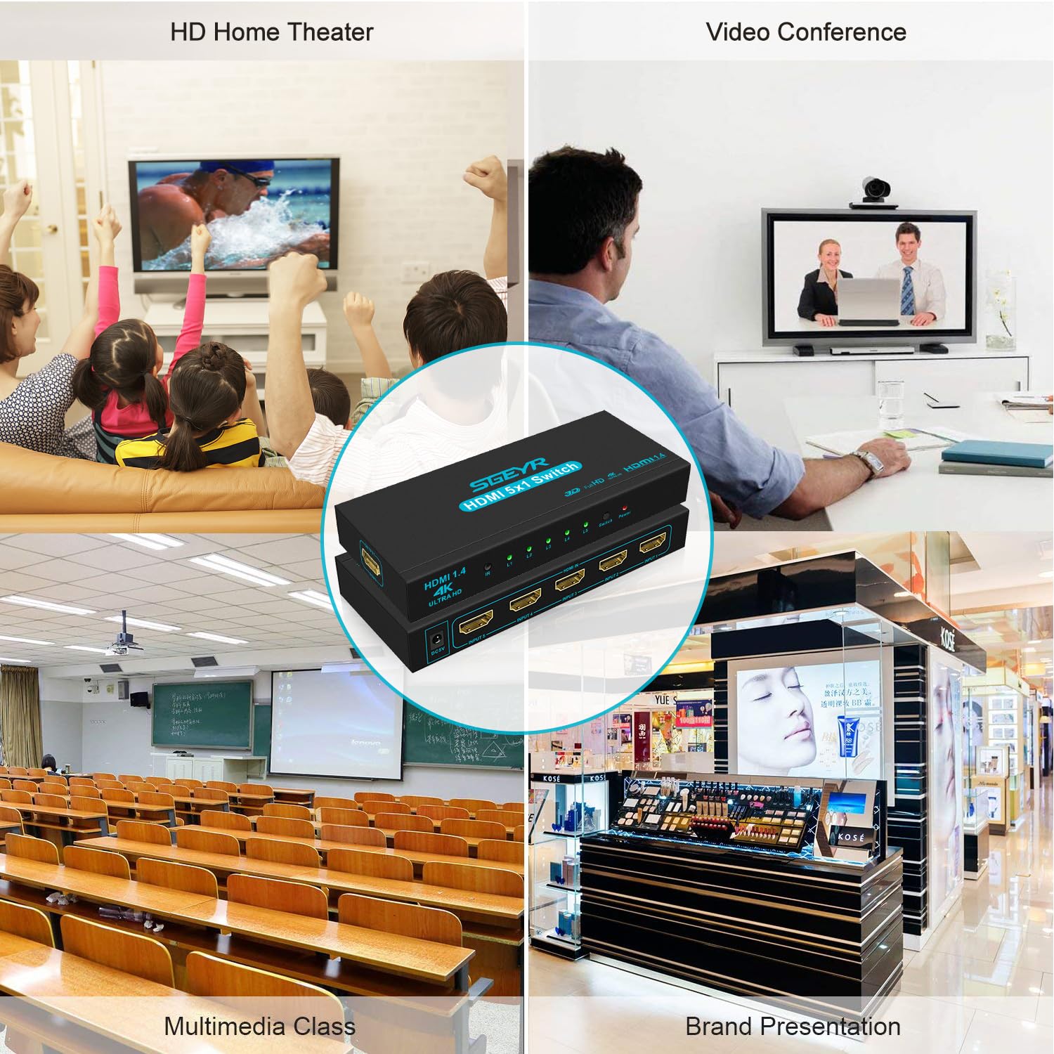 SGEYR Switch HDMI 5 in 1 Out Con Telecomando, Automatico 4K, Sdoppiatore Multi Porta per TV, Supporta 3D Full HD 1080P, per PS4, Xbox, DVD