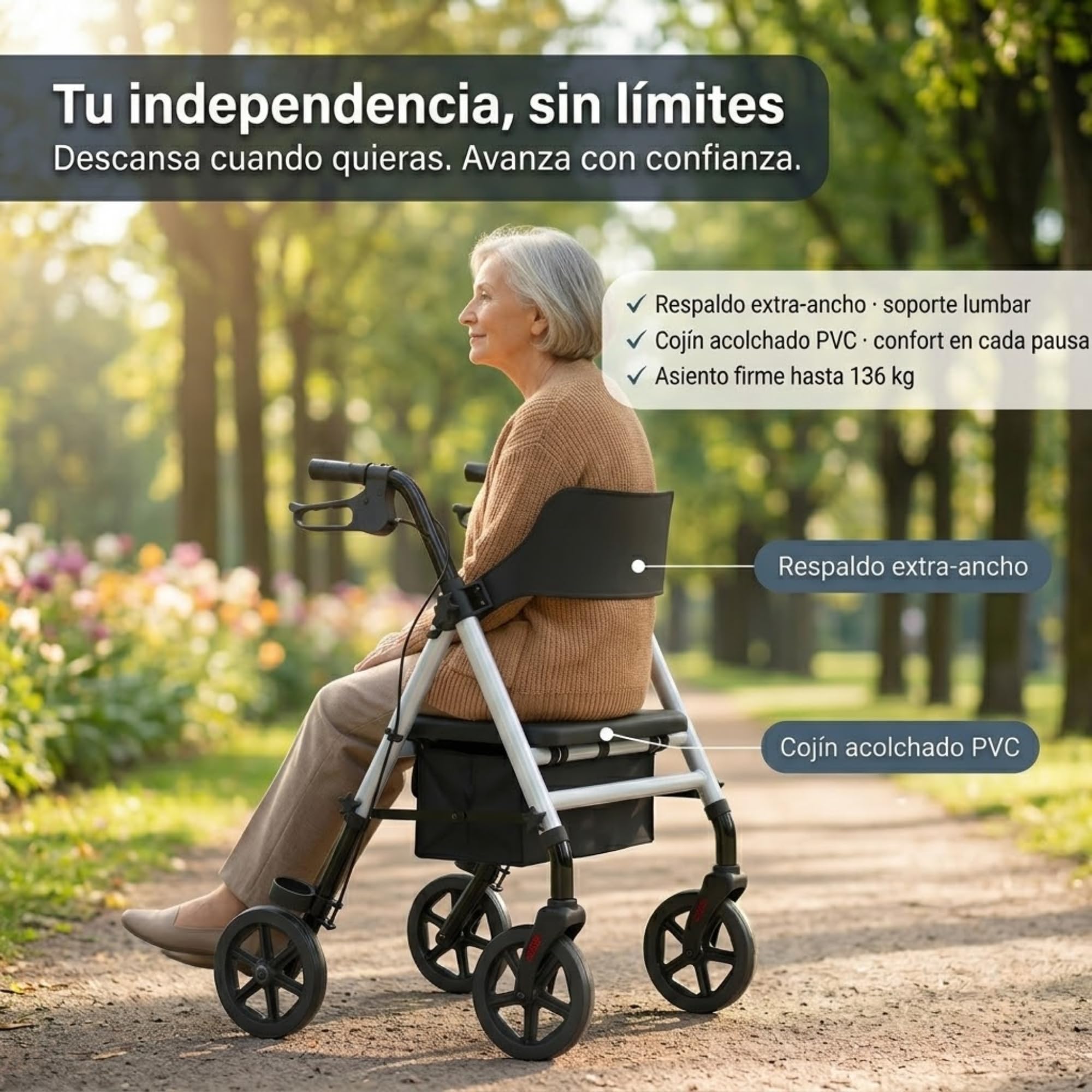 Andador para Ancianos Plegable con Asiento Acolchado, Frenos de Maneta y Cesta – Ligero, Resistente y Seguro con 4 Ruedas Giratorias – Ideal para Personas Mayores, Interior o Exterior