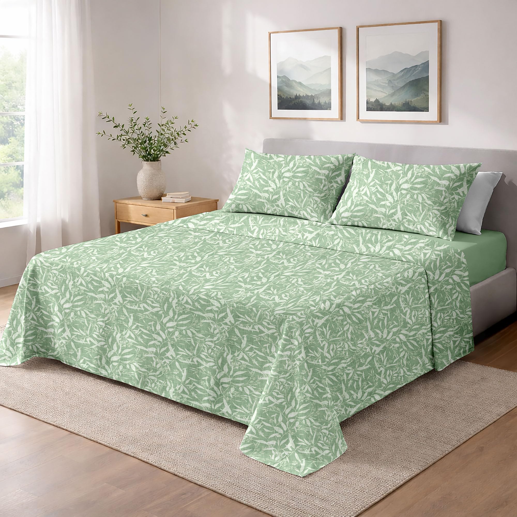 Ruggeri - Completo Letto - 100% Morbida Microfibra di Alta Qualità | 2 Federe + 1 Lenzuolo con Angoli + 1 Lenzuolo Sopra - Collezione Everyday (Foglie Verdi, Matrimoniale)