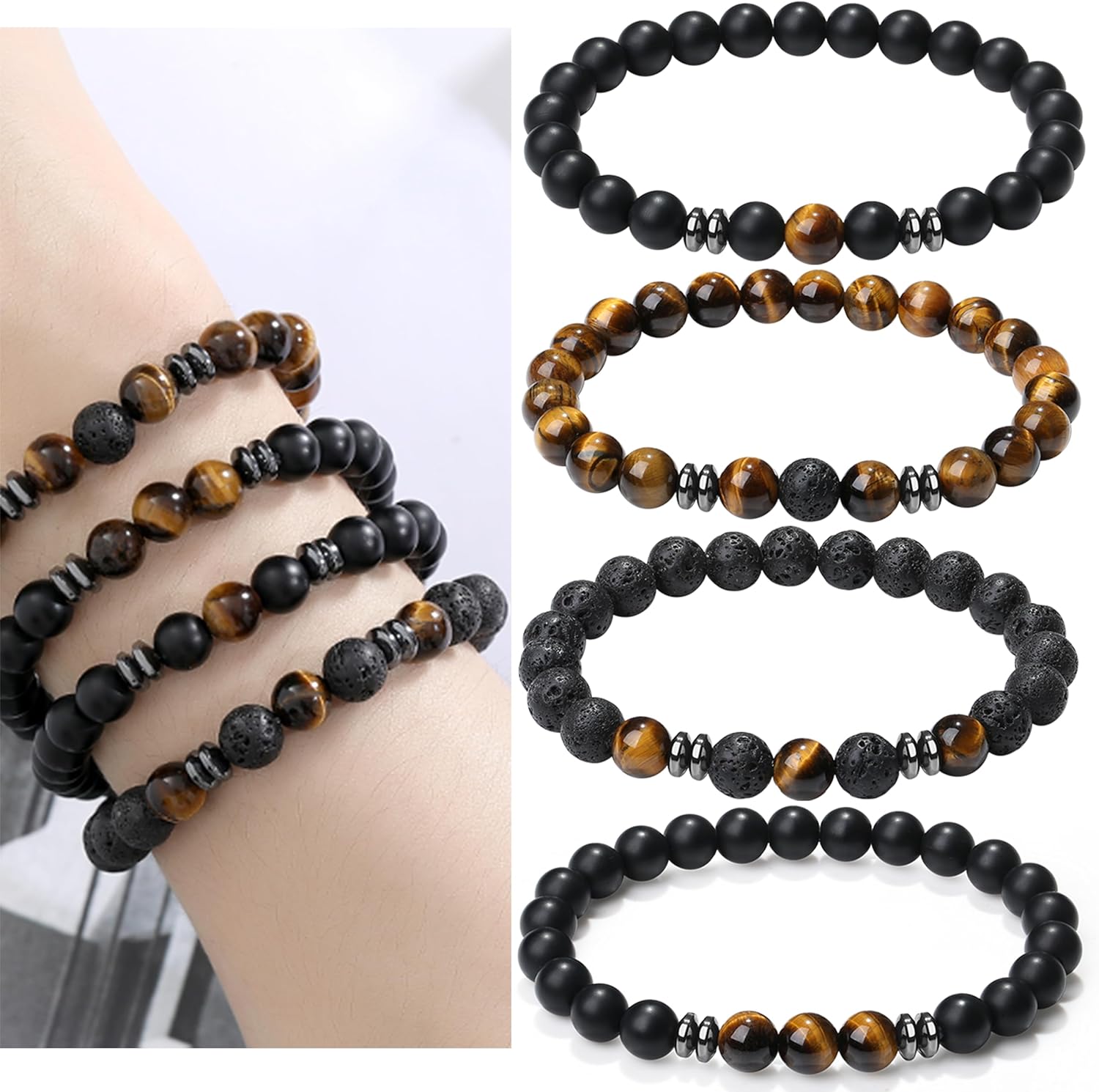 XIANNVXI Mens Beaded Bracelet Set Natural Stone 8mm Beads Bracelets for Men Red Black Bead Stretch Bracelet for Mens - Image 3
