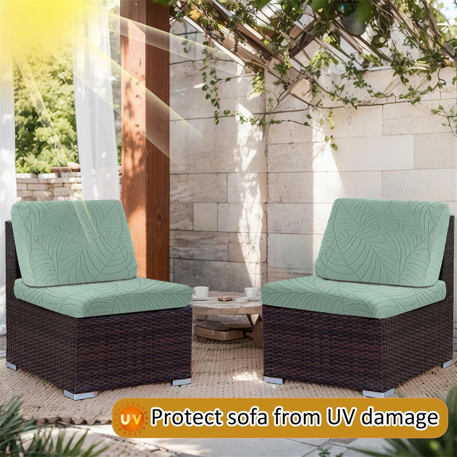 1/2/3/4/8PCS Stretch Patio Sofa Seat Cushion Cover Outdoor TPU Waterproof Replacement Slipcovers Outdoor Elastic Leaf Pattern Textured Porch Couch Furniture Protector (Green,8)