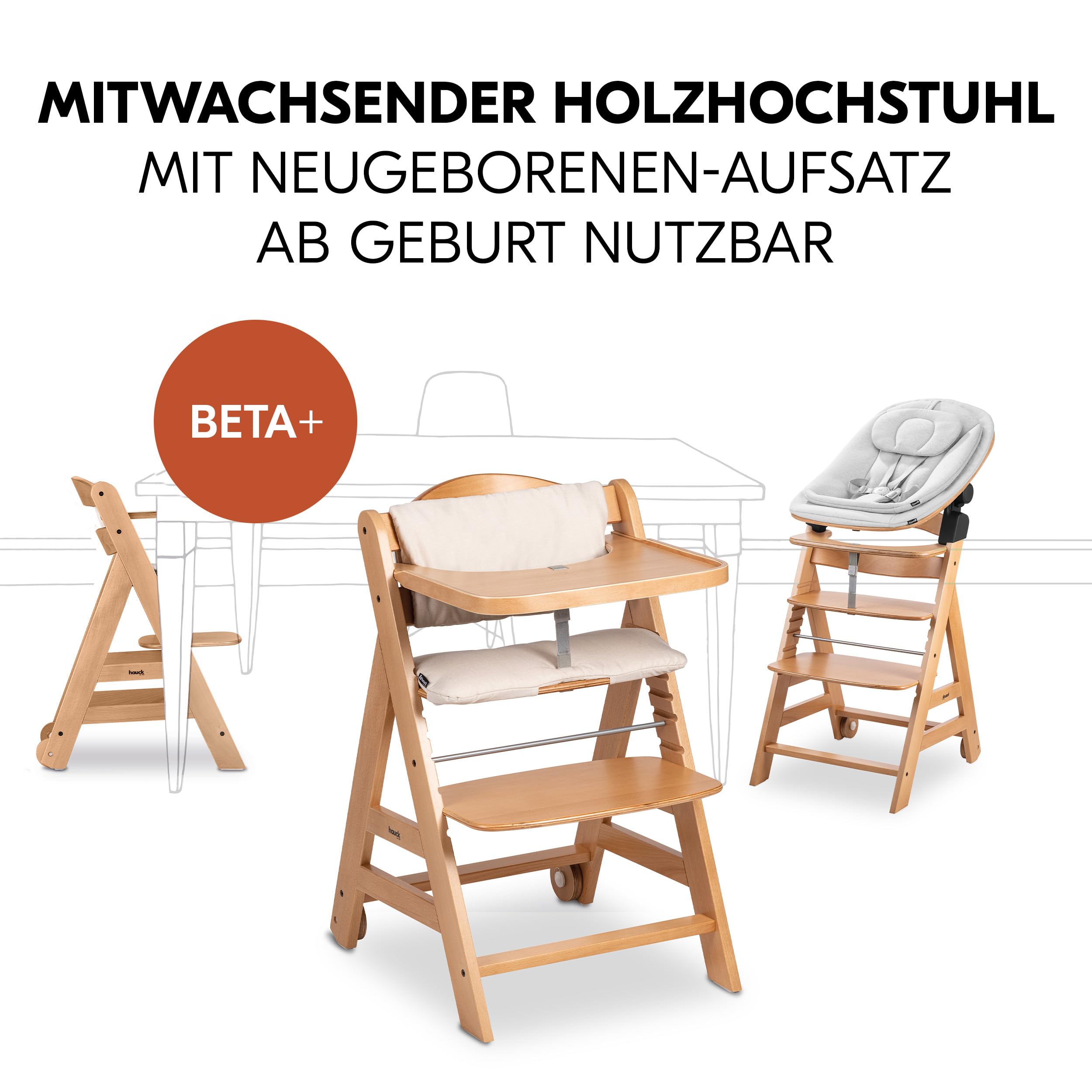 hauck Beta+ Hochstuhl Newborn Set mit Eco Bouncer - Natural | Mitwachsender Holz Kinderhochstuhl mit Rollen ab Geburt bis 90 kg | inkl. Neugeborenenaufsatz, Essbrett & Sitzkissen