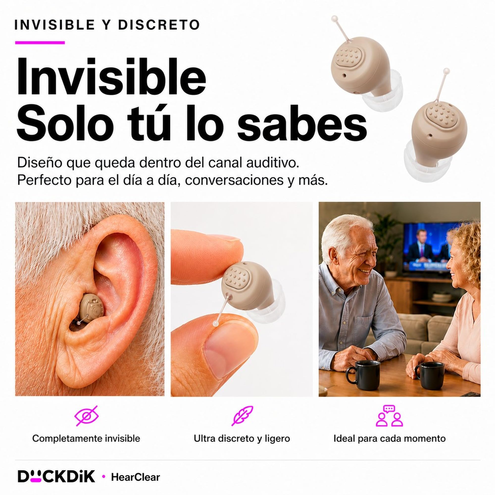 HearClear Amplificador De Sonido Con Estuche De Carga | Diseño Intrauricular Invisible Recargable | Amplifica hasta 32x | 14h Batería | Conversaciones y TV | 3 Tallas Incluidas