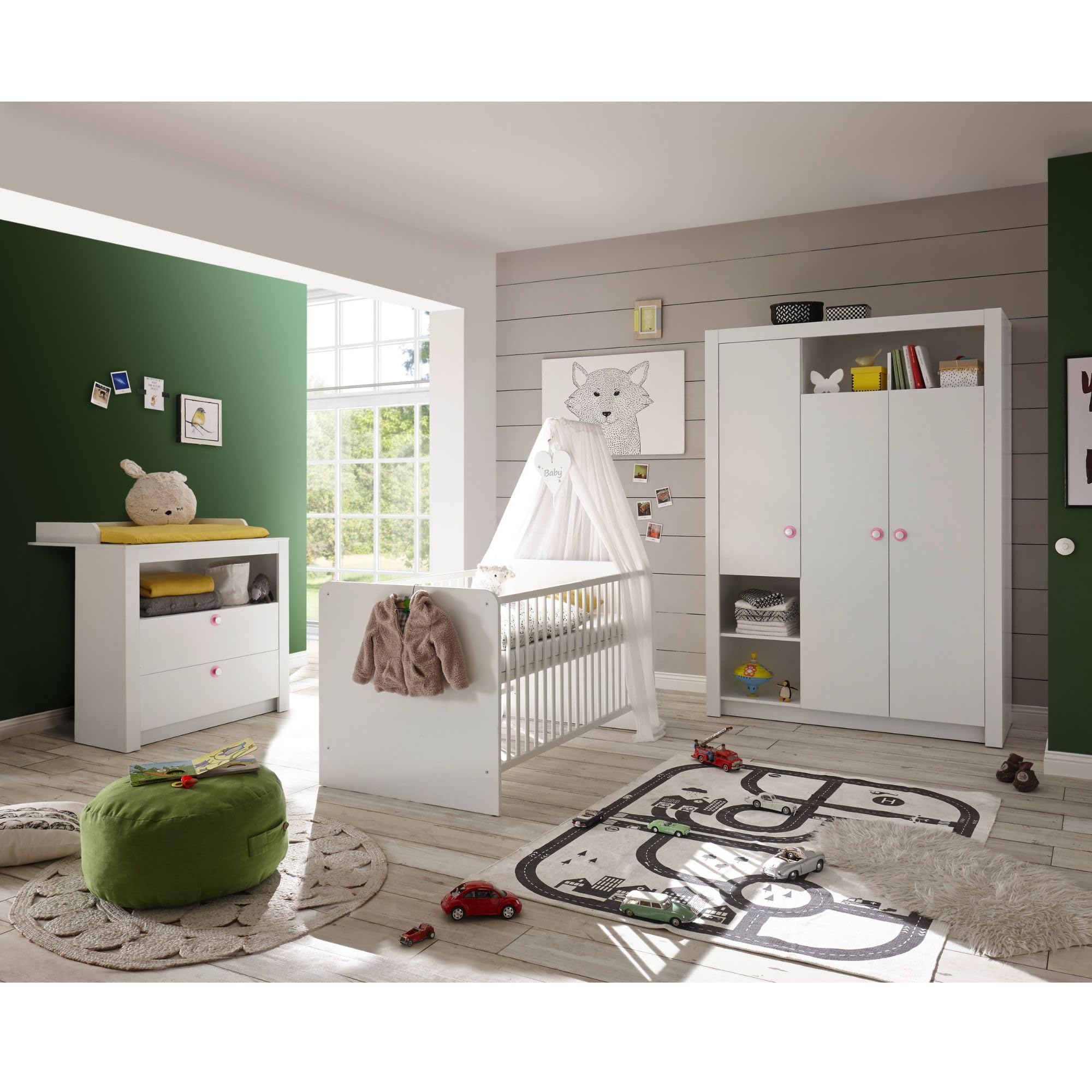 Stella Trading Paula Babyzimmer Komplett-Set in Weiß - Babyzimmer Möbel-Set 3-teilig bestehend aus Kleiderschrank, Babybett & Wickelkommode