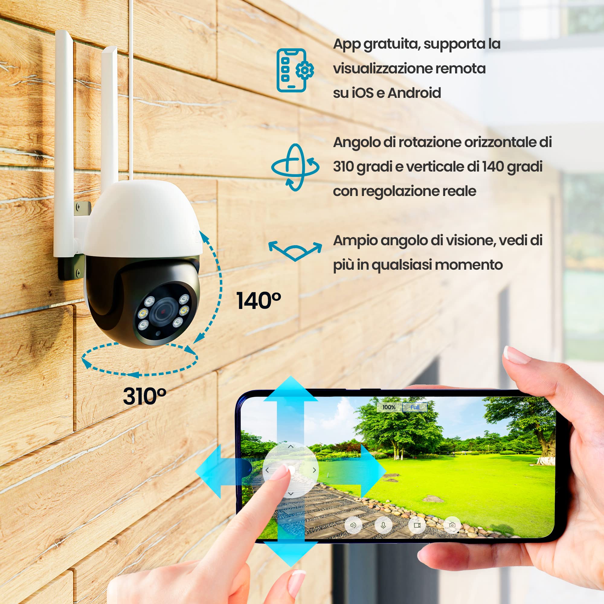 Videocamera sorveglianza esterno wifi, 1296p, PTZ, telecamera wifi esterno, IP65, Modalità notturna a colori, ampio angolo, camera wifi con tracciamento intelligente, scheda MicroSD fino a 128GB