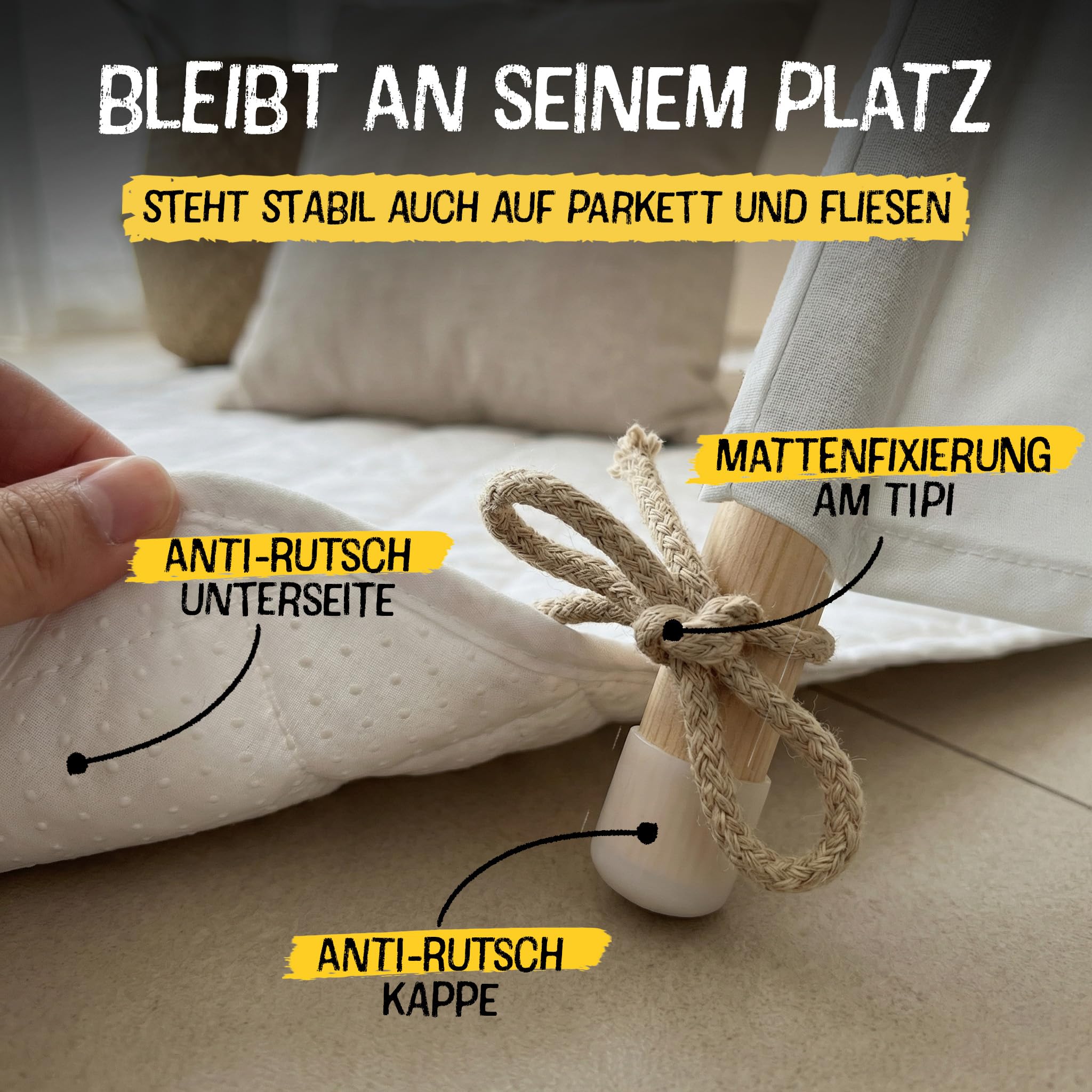 FRIEDO Tipi Zelt für Kinder inkl. Bodenmatte und Stabiler Holzstangen I OEKO-TEX100 zertifiziertes Baumwoll Tippi Kinderzelt Indoor und Outdoor nutzbar I Spielzelt für drinnen z.B. Kinderzimmer