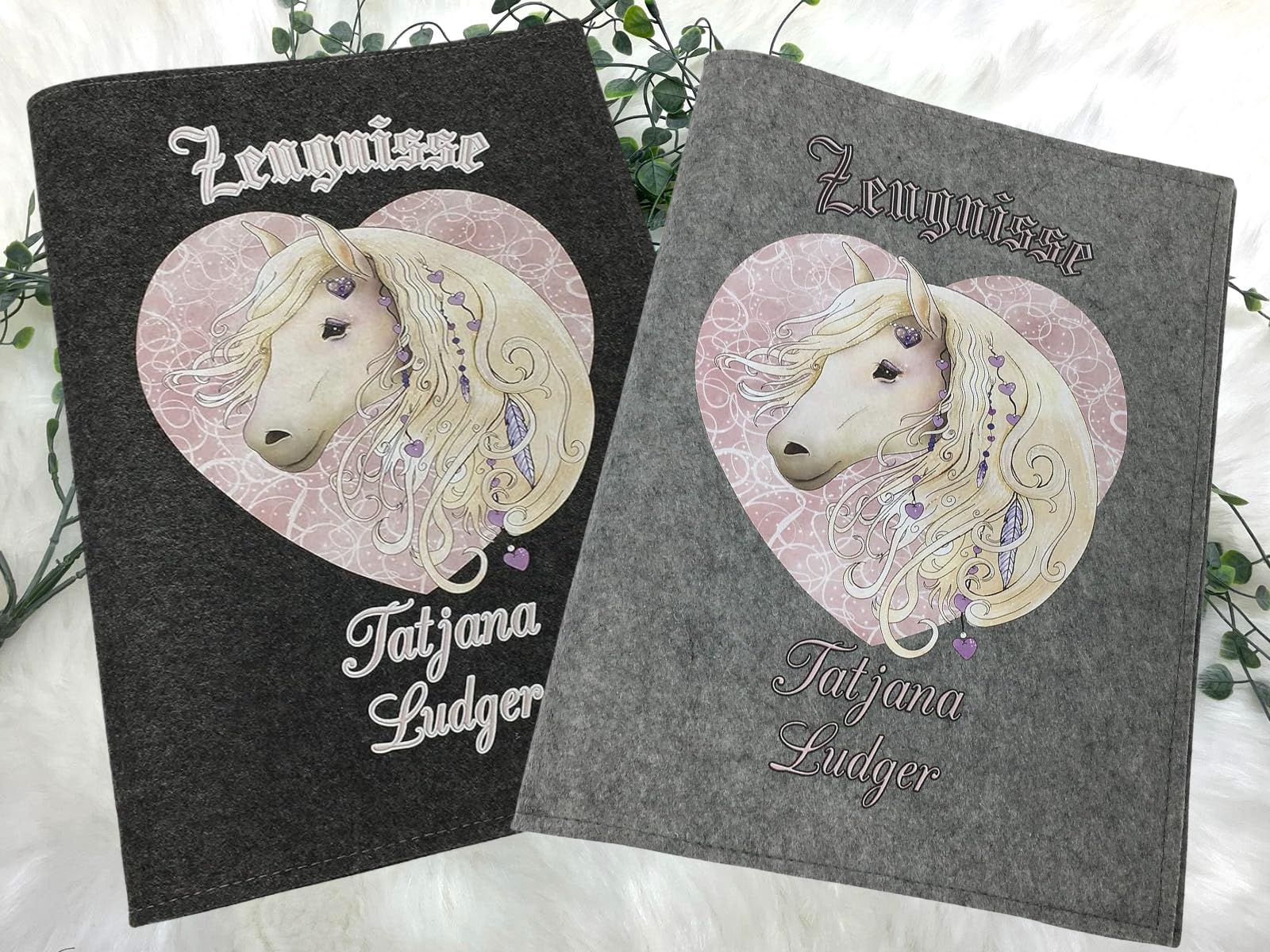 Zeugnismappe mit Namen - Mädchen und Jungen - Personalisiert Filz A4 Pferde Rosa - Dokumenten Urkunden Mappe Kinder - Hefter Zeugnisse - Sichtbuch