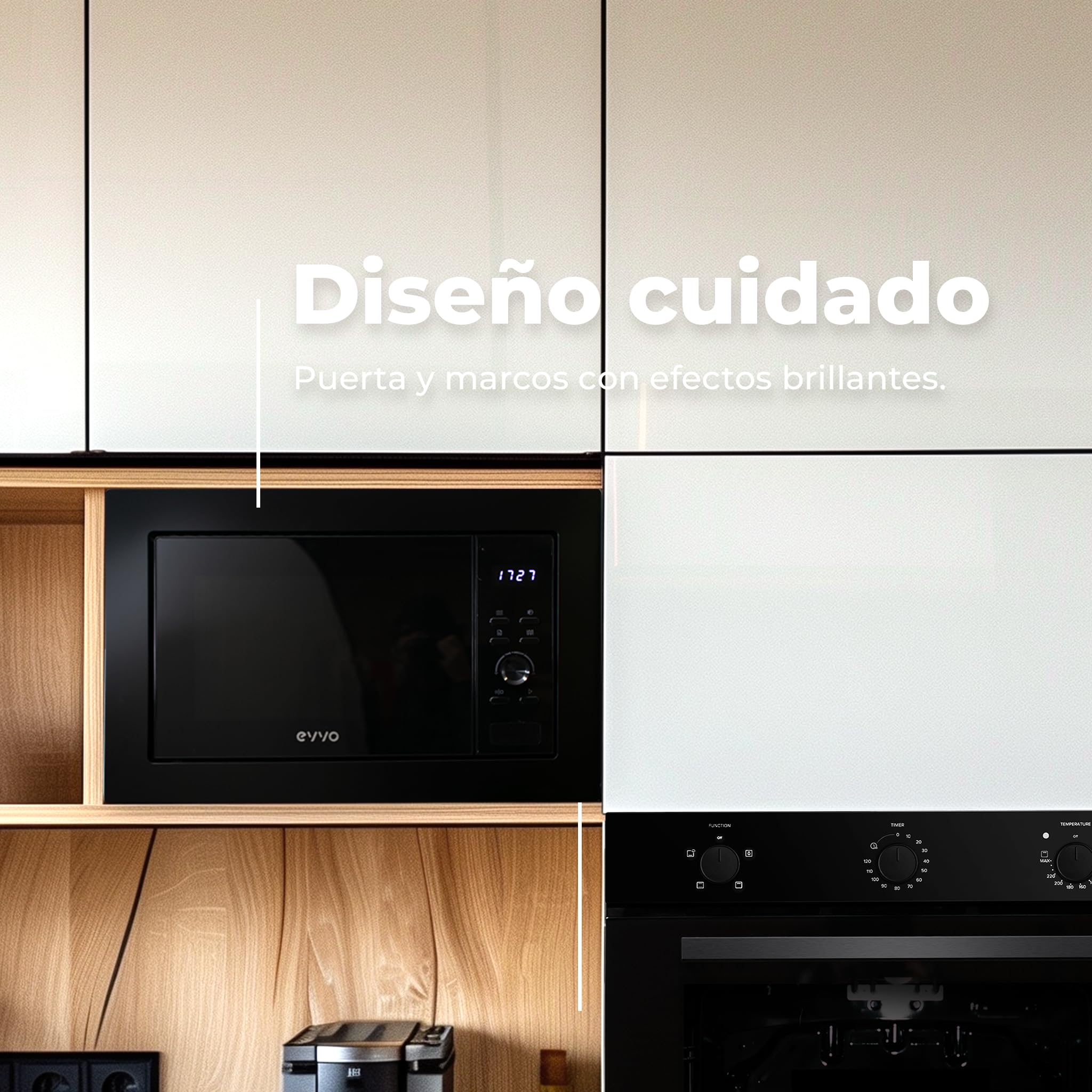 EVVO Microondas Integrable Mi30 Black - 21 Litros, Horno Microondas Función Grill, Display Digital, Bloqueo Infantil y Temporizador de 60 Minutos, Negro