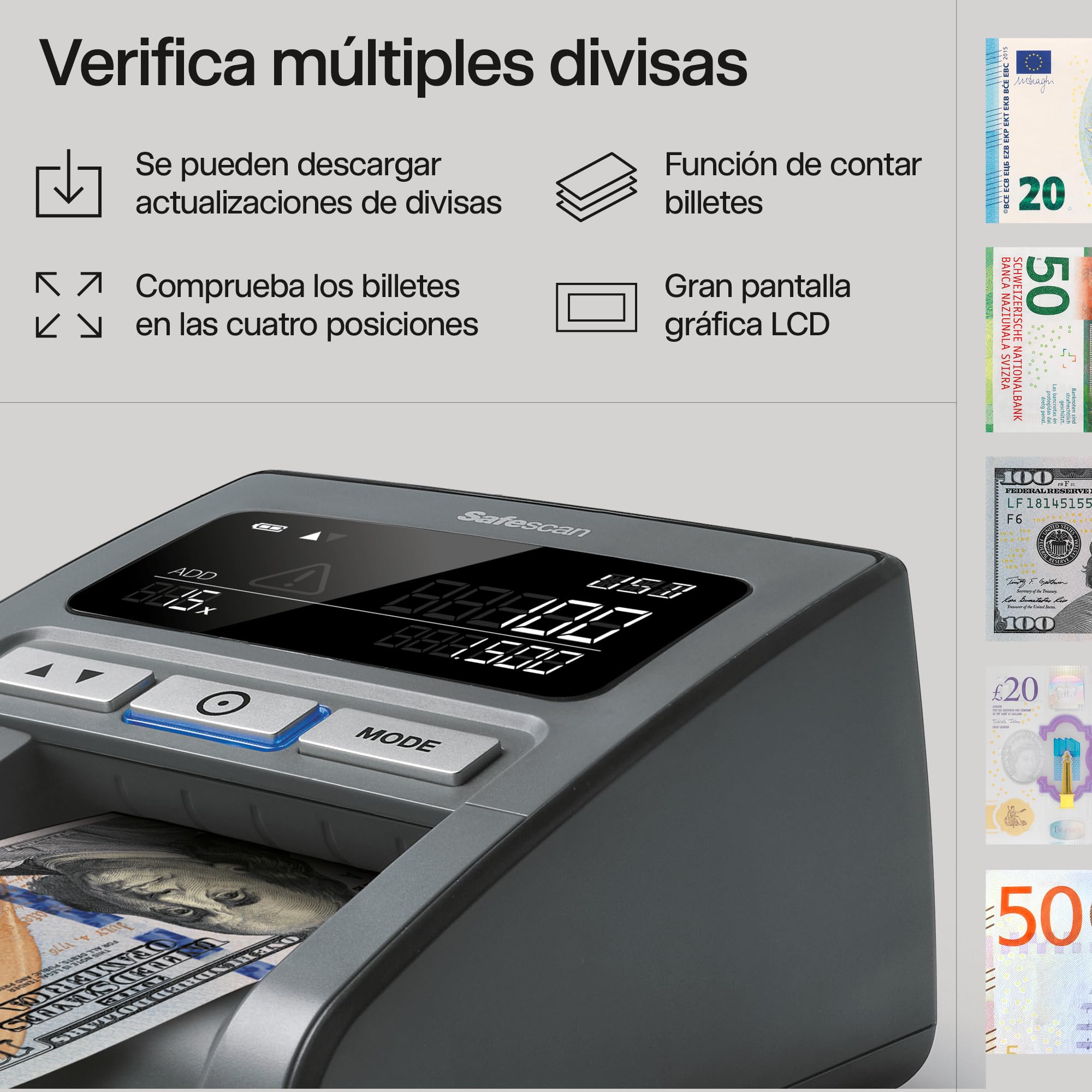 Safescan 185-S Detector de billetes falsos automático para verificar rápidamente billetes - Detector billetes falsos con 7 puntos de detección - Detector de billetes falsos 100% fiable