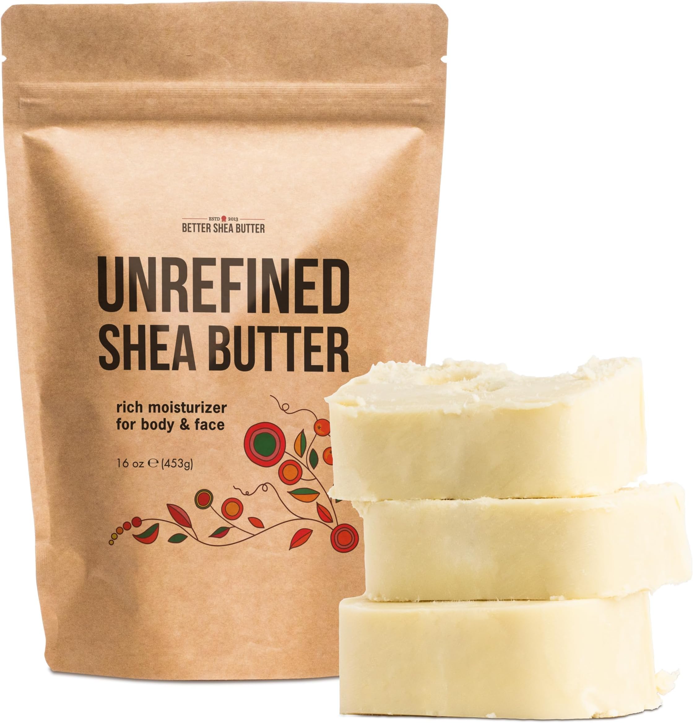 100% Raw Unrefined Organic Shea Butter - Best Organic African Grade A - Pure and Natural for Use on Skin and Hair - Rich in Vitamins A & E - Use on Acne, Eczema, Stretch Marks, Rashes - Use As Belly Butter To Keep Mommy's Skin Soft And Supple, More Natural Than Popular Brand-Name Butters - Essential Ingredient for DIY Body Butters, Lotions, Soaps and Other Natural Skincare Recipes - 1LB (16oz)