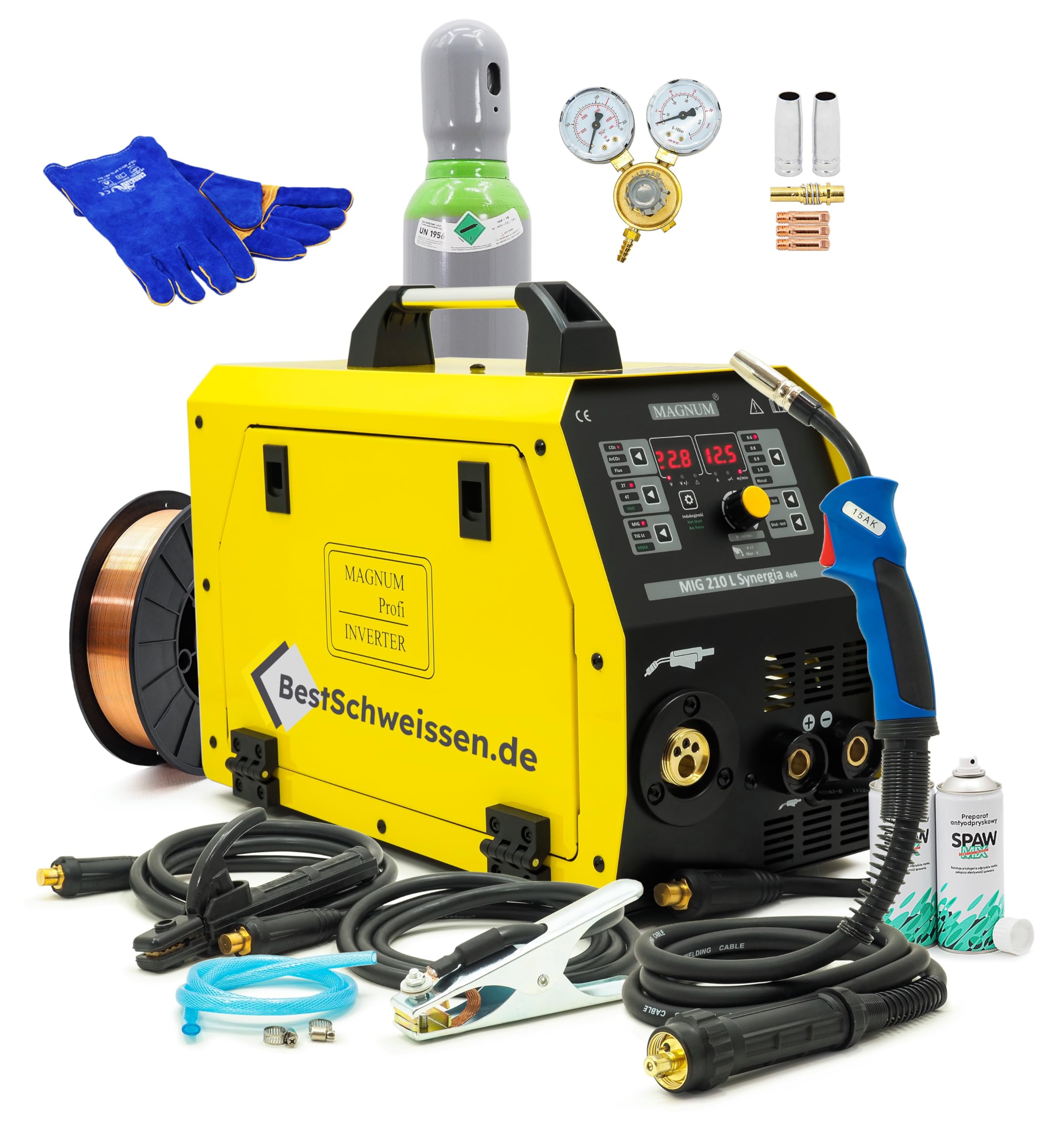 MIG MAG Welder with Gas Without Gas MAGNUM 210L - MIG Wire Welder 200A Synergia 4x4 - MAG MMA FLUX Welder - Inverter IGBT 230V - Kit Bottle Ar/CO2 8L New Filled Wire 5 kg Accessories (set 1)