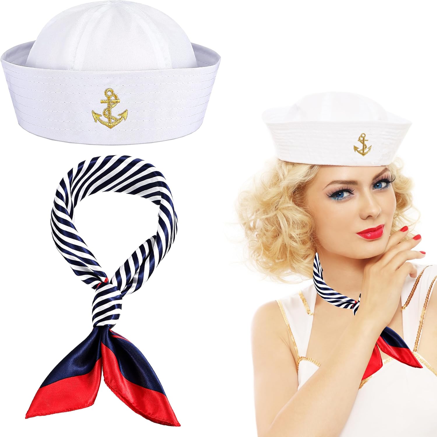 DPLin Silor Costume Yacht Captain Hat Sailor Ship Cap Boat Scarf Sunglasses For Men Women Captains Dressing up Party (White 2PCS)