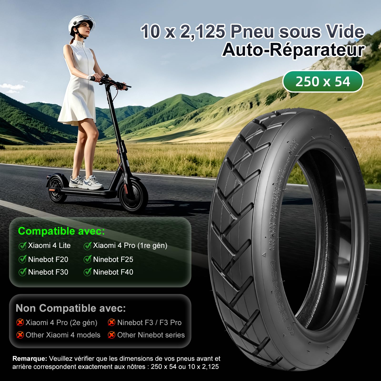 Pneu Auto-Réparateur 250x54 Pour Scooter Électrique Xiaomi Mi4 Lite/Pro 10 x 2.125 - Tubeless Pour Ninebot F20 F25 F30 F40, 10 Pouces Avant/Arrière
