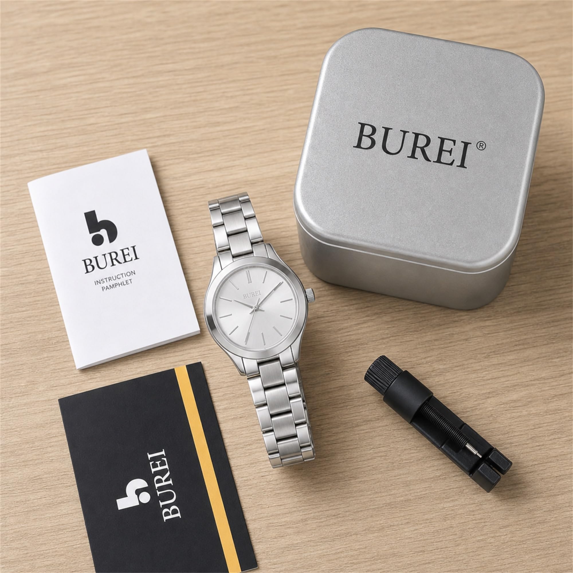 BUREI Reloj de Pulsera analógico Minimalista de Cuarzo para Mujer, clásico, Acero Inoxidable, Regalo para Mujer