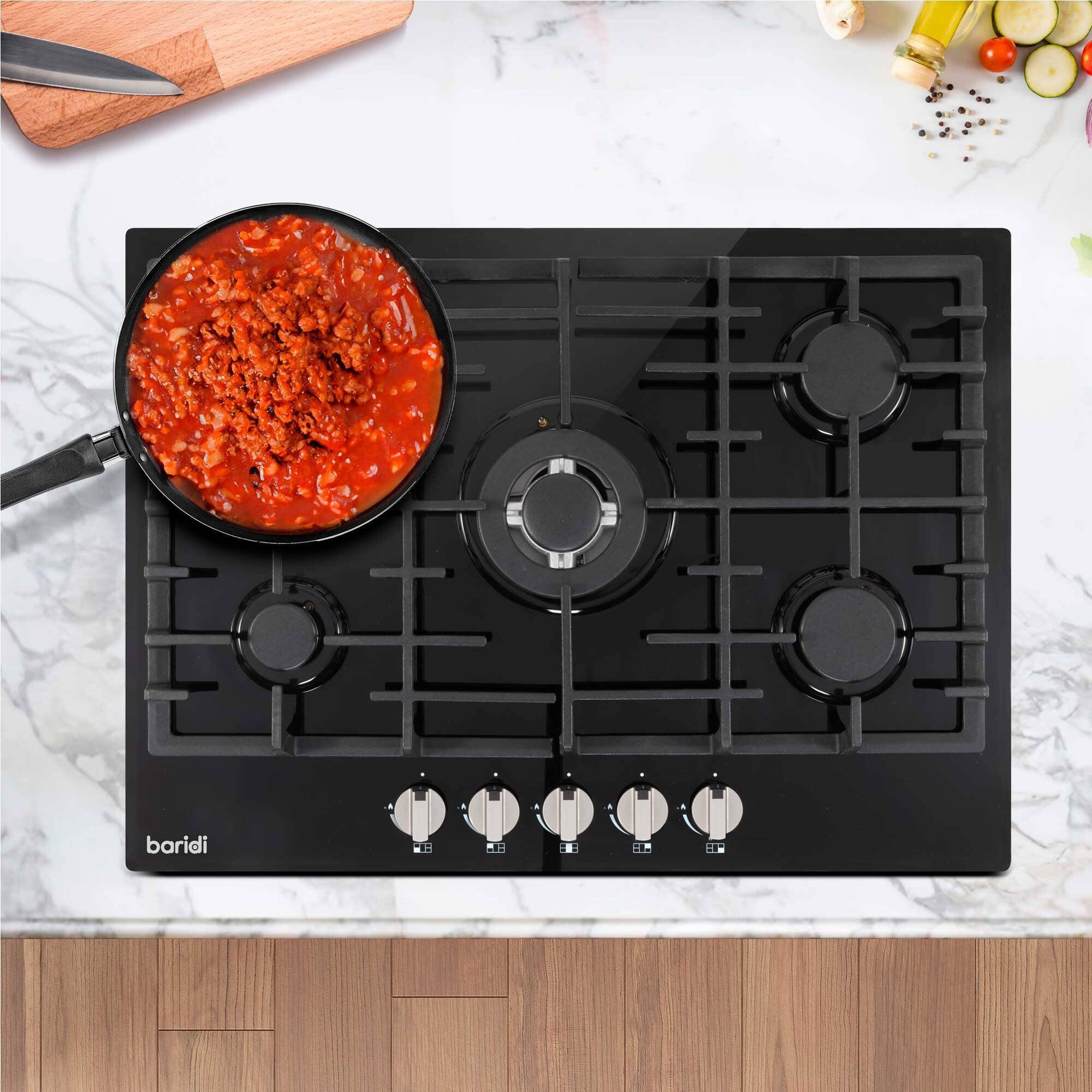 Baridi 70cm Gas on Glass Hob with 5 Burners, Cast Iron Pan Supports and Auto Ignition, 11kW, Black Glass - DH228 — view 4